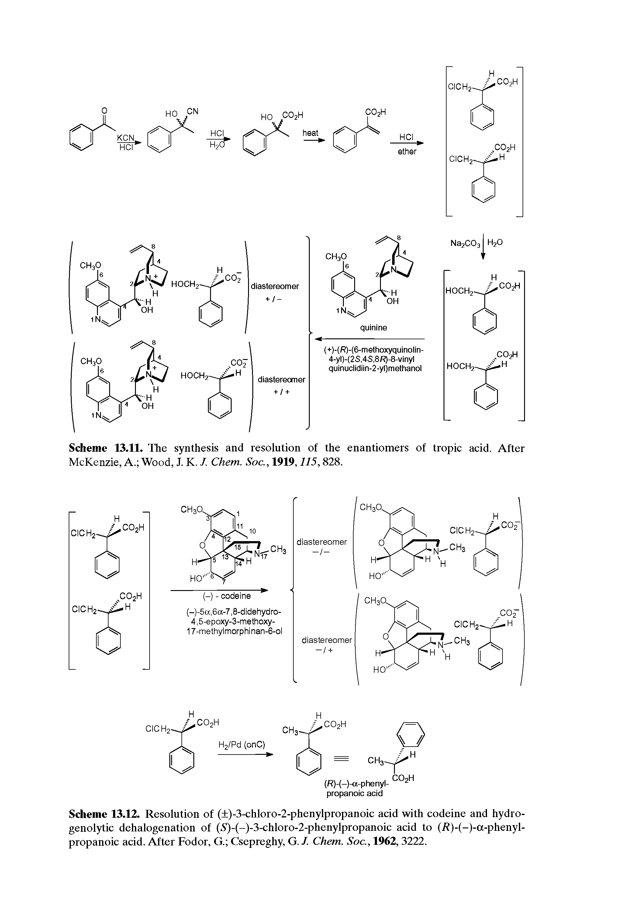 Scheme 13.11. The synthesis and resolution of the enantiomers of tropic acid. After McKenzie, A. Wood, J. K. /. Chem. Soc., 1919,115,828.