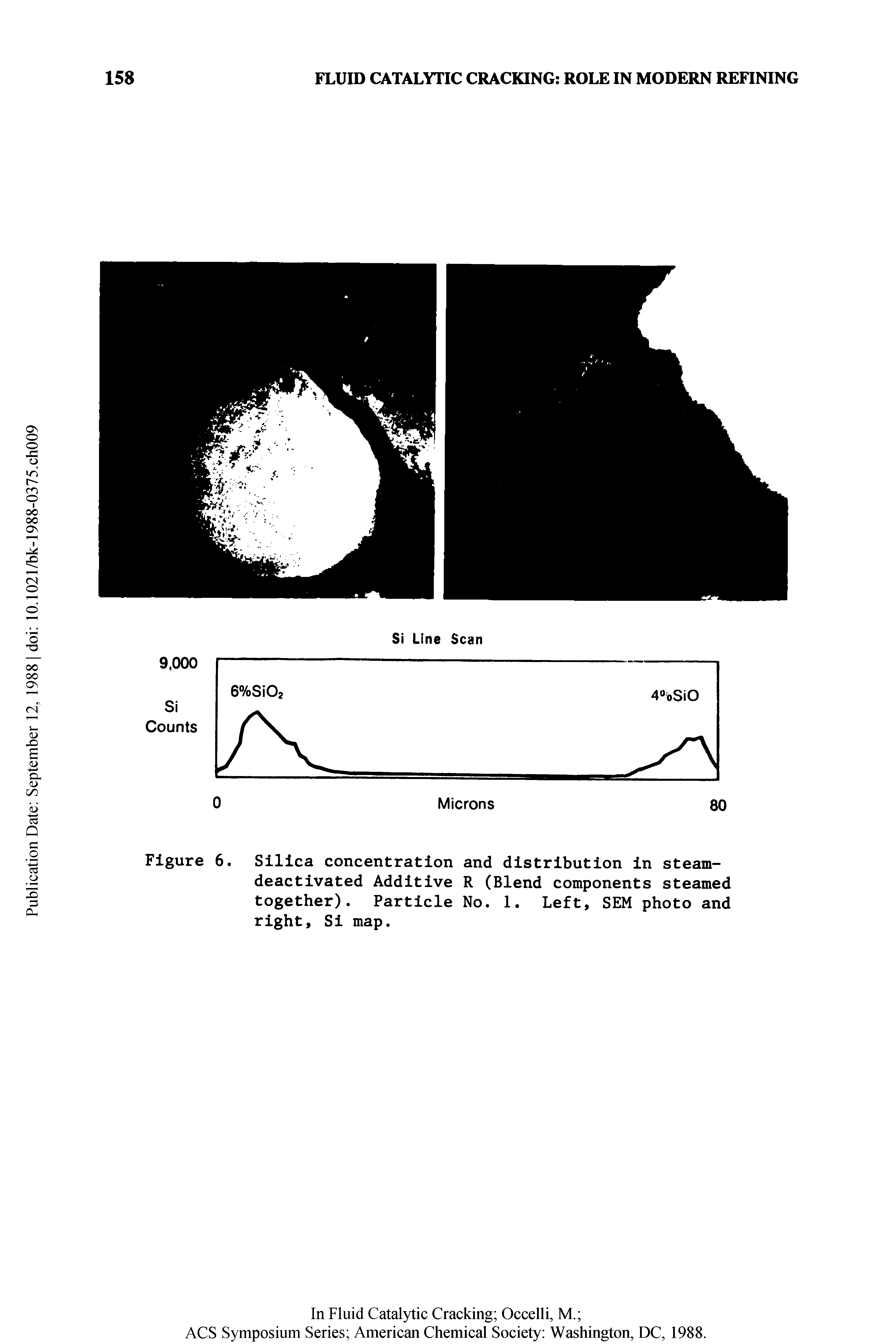 Figure 6. Silica concentration and distribution in steam-deactivated Additive R (Blend components steamed together). Particle No. 1. Left, SEM photo and right. Si map.