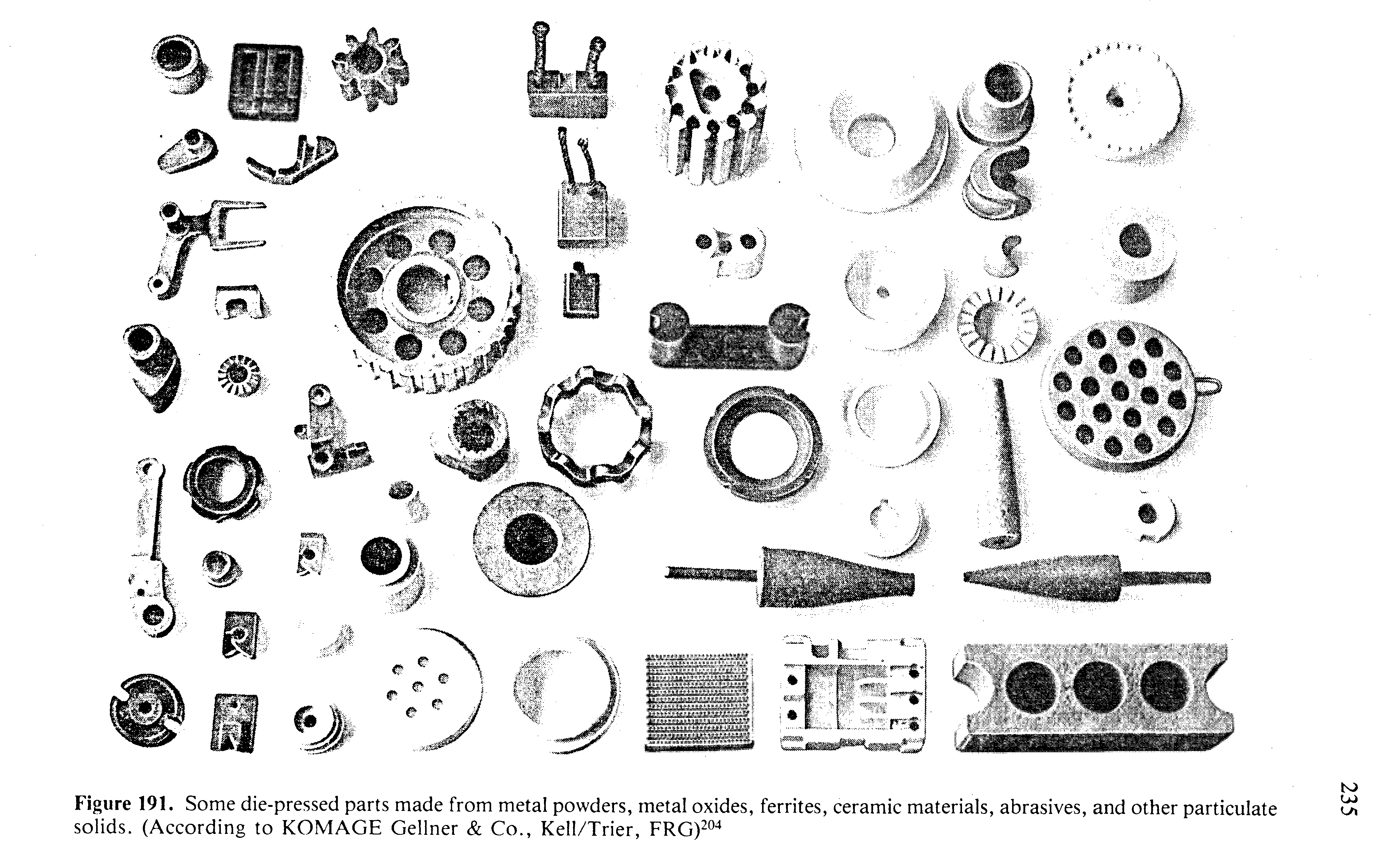 Figure 191. Some die-pressed parts made from metal powders, metal oxides, ferrites, ceramic materials, abrasives, and other particulate solids. (According to KOMAGE Gellner Co., Kell/Trier, FRG) ...