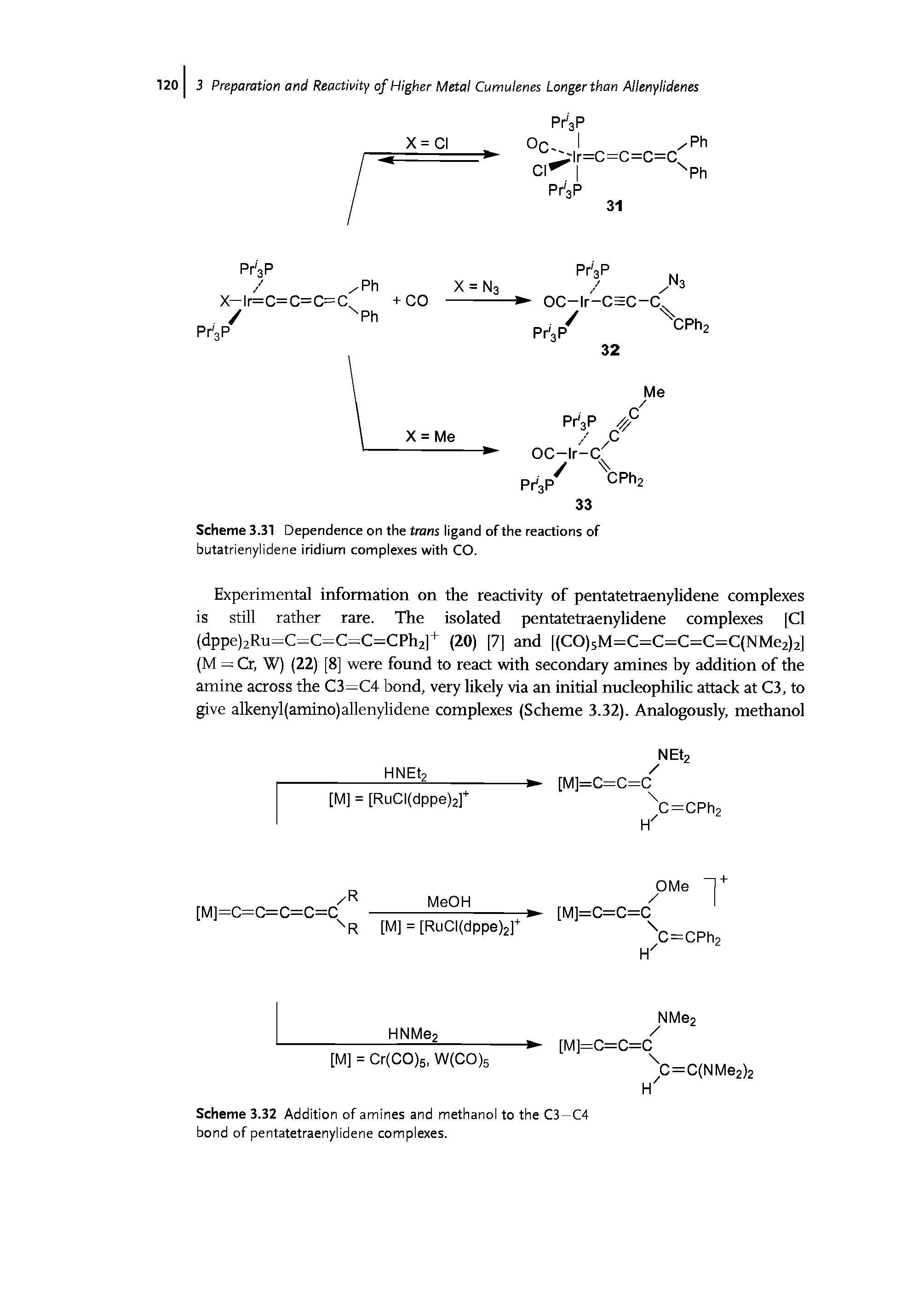 Scheme 3.32 Addition of amines and methanol to the C3—C4 bond of pentatetraenylidene complexes.