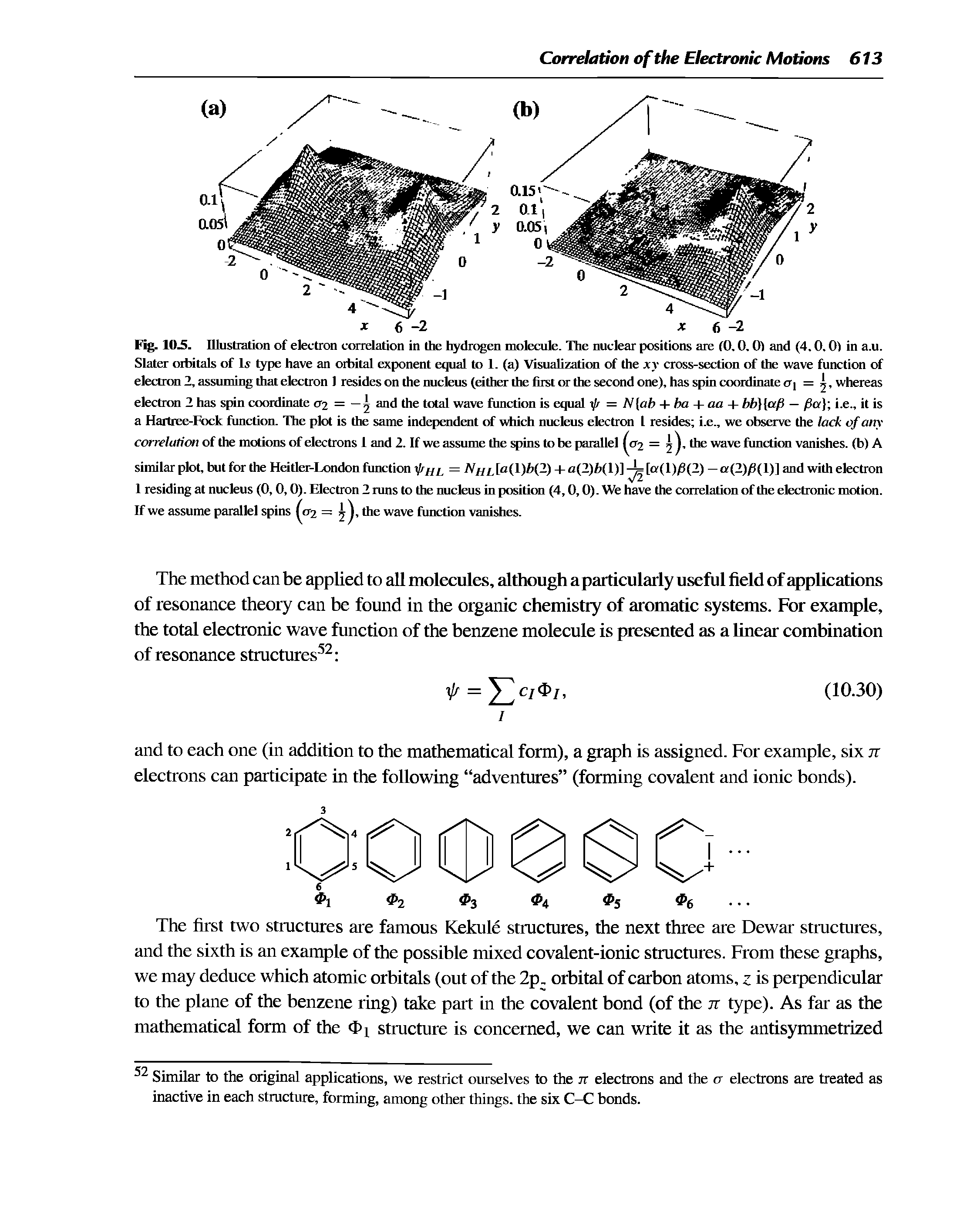 Fig. 10.5. Illustration of electron correlation in the hydrogen molecule. Hie nuclear positions are fO. 0.01 and (4.0.01 in a.u. Slater oifcitals of Is type have an orbital exponent equal to 1. (a) Visualizatirai of the xv cross-section of the wave function of electron 2, assuming that electron I resides on the nucleus (either the first or (he second onel, has spin coordinate Of = j, whereas electron 2 has spin coordinate <T2 = —j and the total wave function is equal = N ah + ha +aa + bb] afi — fia] i.e., it is a Hartiee-Fock function. Tbe plot is the same independent of which nucleus electron I resides i.e., we observe the lack of any correlation of the motions of electrons 1 and 2. If we assume the spins to be parallel <T2 = j the wave function vanishes. (bl A similar plot, but for the Heitler-London function ifHL = //L[ (l)f (-) + (-)Ml)] [o (l)/5(-) —a(2)/S(l)] and with electron 1 residing at nucleus (0,0,0). Electron 2 runs to the nucleus in position (4,0,0). We have the correlation of the electronic motion. If we assume parallel spins 2 = 5), the wave function vanishes.