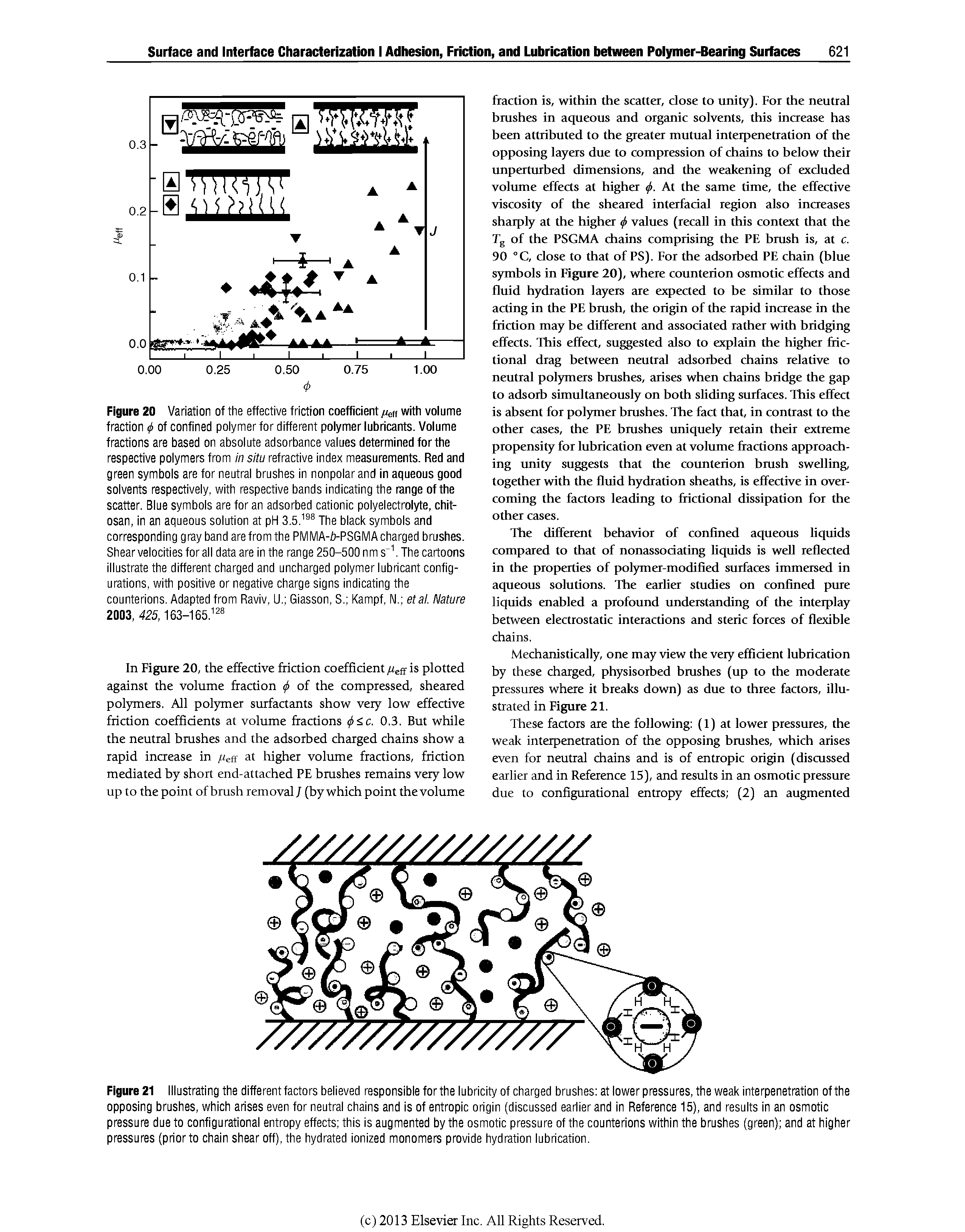Figure 21 Illustrating the different factors believed responsible for the lubricity of charged brushes at lower pressures, the weak interpenetration of the opposing brushes, which arises even for neutral chains and is of entropic origin (discussed eariier and in Reference 15), and results in an osmotic pressure due to configurational entropy effects this is augmented by the osmotic pressure of the counterions within the brushes (green) and at higher pressures (prior to chain shear off), the hydrated ionized monomers provide hydration lubrication.