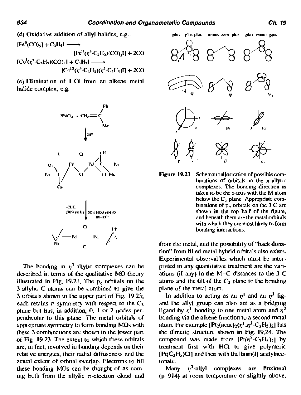 Figure 19.23 SchemalicillDslralionofpossiblecom-binplions of orbitals in the rr-allyiic complexes. The bonding dirccrion is taken lo be the z-axis with the M aiom below the Cj plane Approprisle combinations of p, orbitals on the 3 C arc shown in the top half of Ihe figure, and beneath them are the metal orbitals with which Ihey arc mosl likely to form bonding inieraciions.