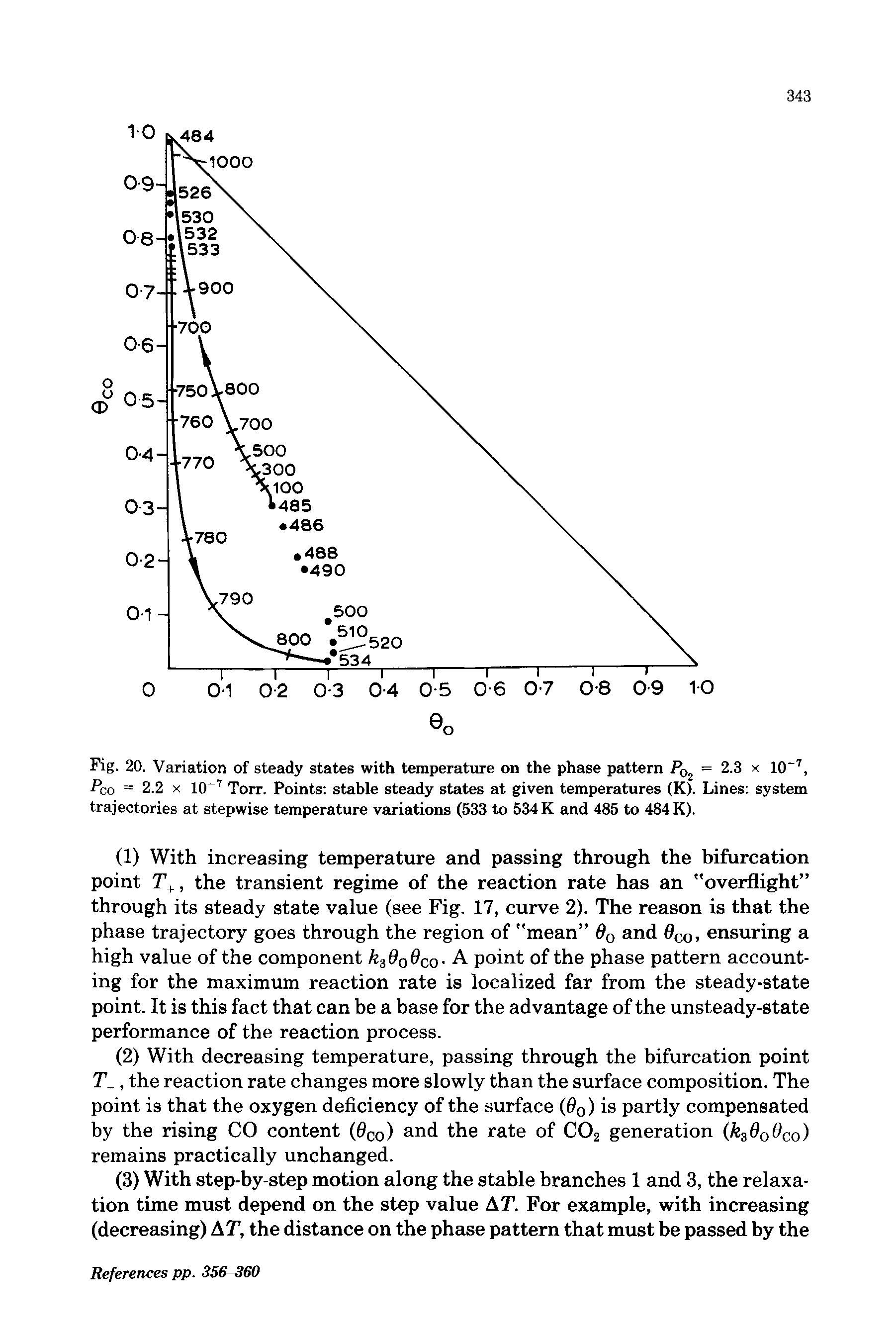 Fig. 20. Variation of steady states with temperature on the phase pattern Pq2 = 2.3 x 10 7, Fco = 2.2 x 10 7 Torr. Points stable steady states at given temperatures (K). Lines system trajectories at stepwise temperature variations (533 to 534K and 485 to 484K).