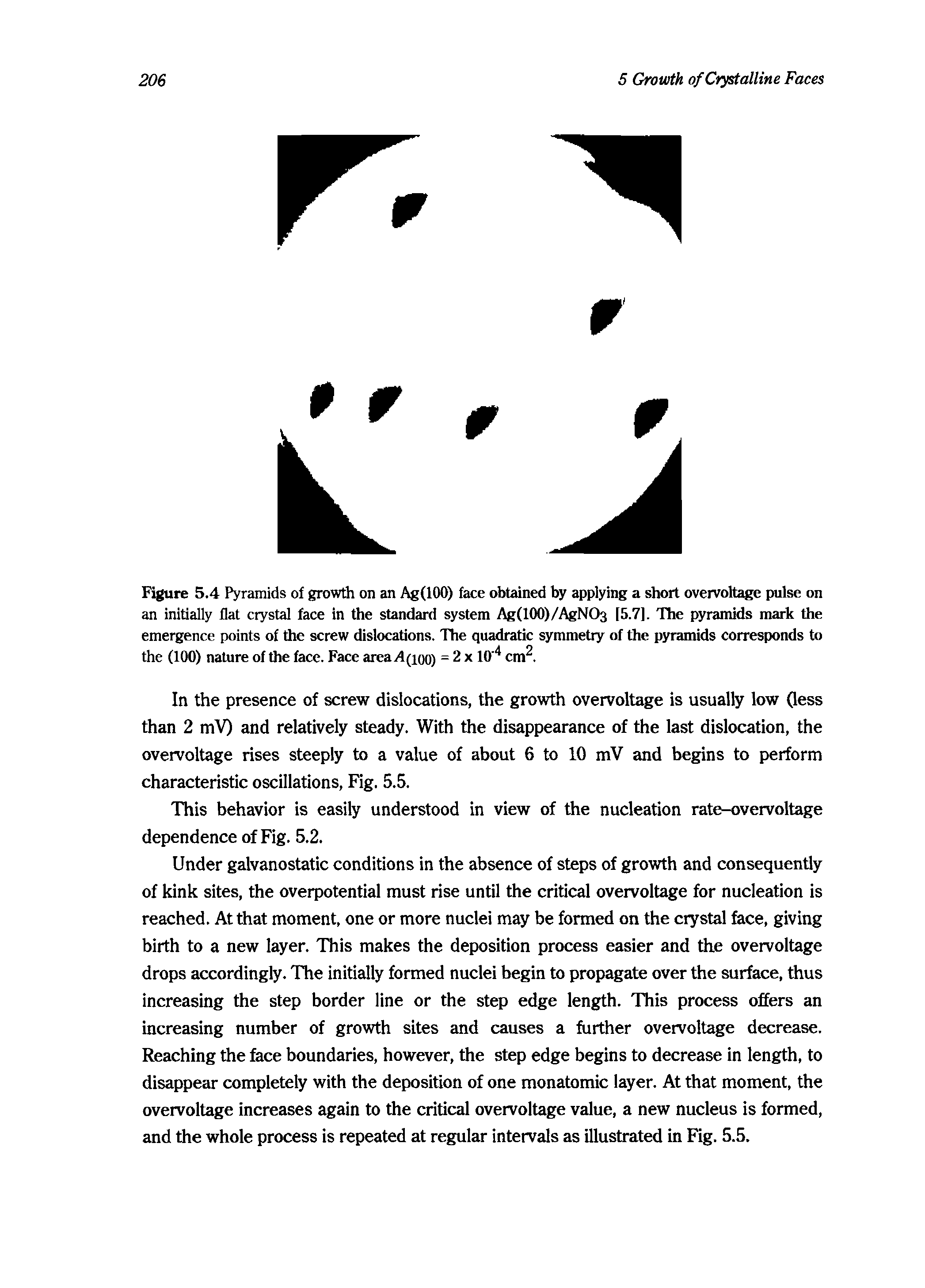 Figure 5.4 Pyramids of growth on an Ag(lOO) face obtained by applying a short overvoltage pulse on an initially flat crystal face in the standard system Ag(100)/AgNO3 [5.7]. The pyramids mark the emergence points of the screw dislocations. The quadratic symmetry of the pyramids corresponds to the (100) nature of the face. Face areay4(ioo) = 2 x 10" cm. ...