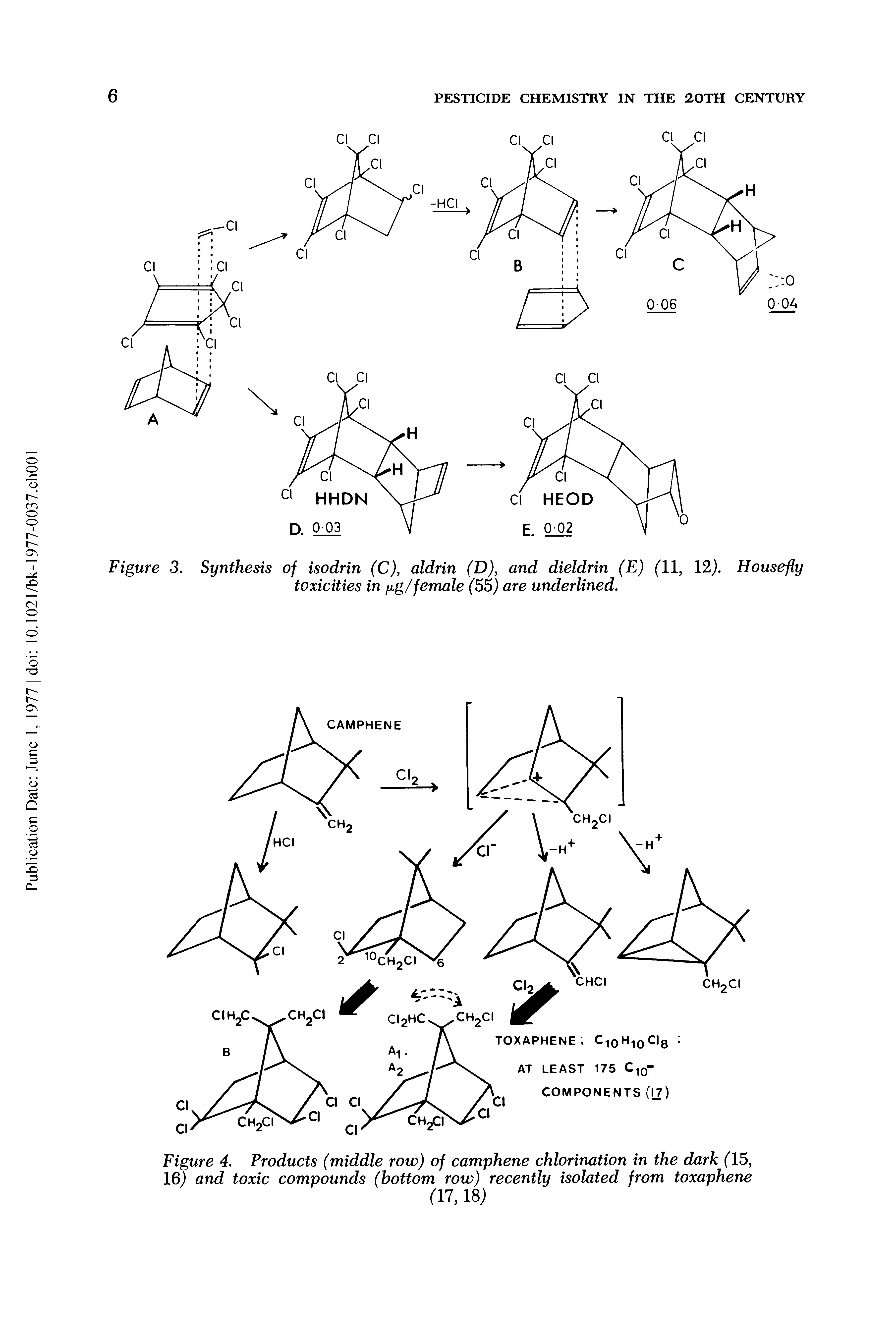 Figure 4. Products (middle row) of camphene chlorination in the dark (15, 16) and toxic compounds (bottom row) recently isolated from toxaphene...