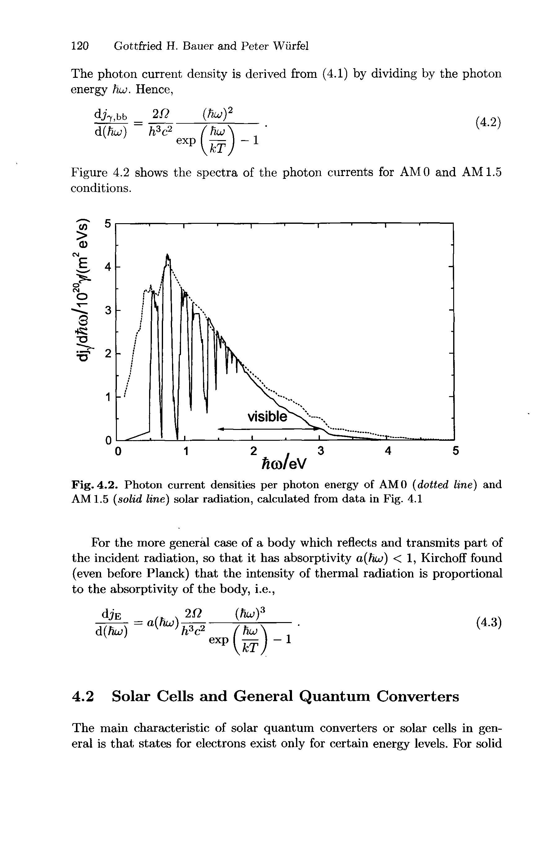 Fig. 4.2. Photon current densities per photon energy of AMO (dotted line) and AM 1.5 (solid, line) solar radiation, calculated from data in Fig. 4.1...