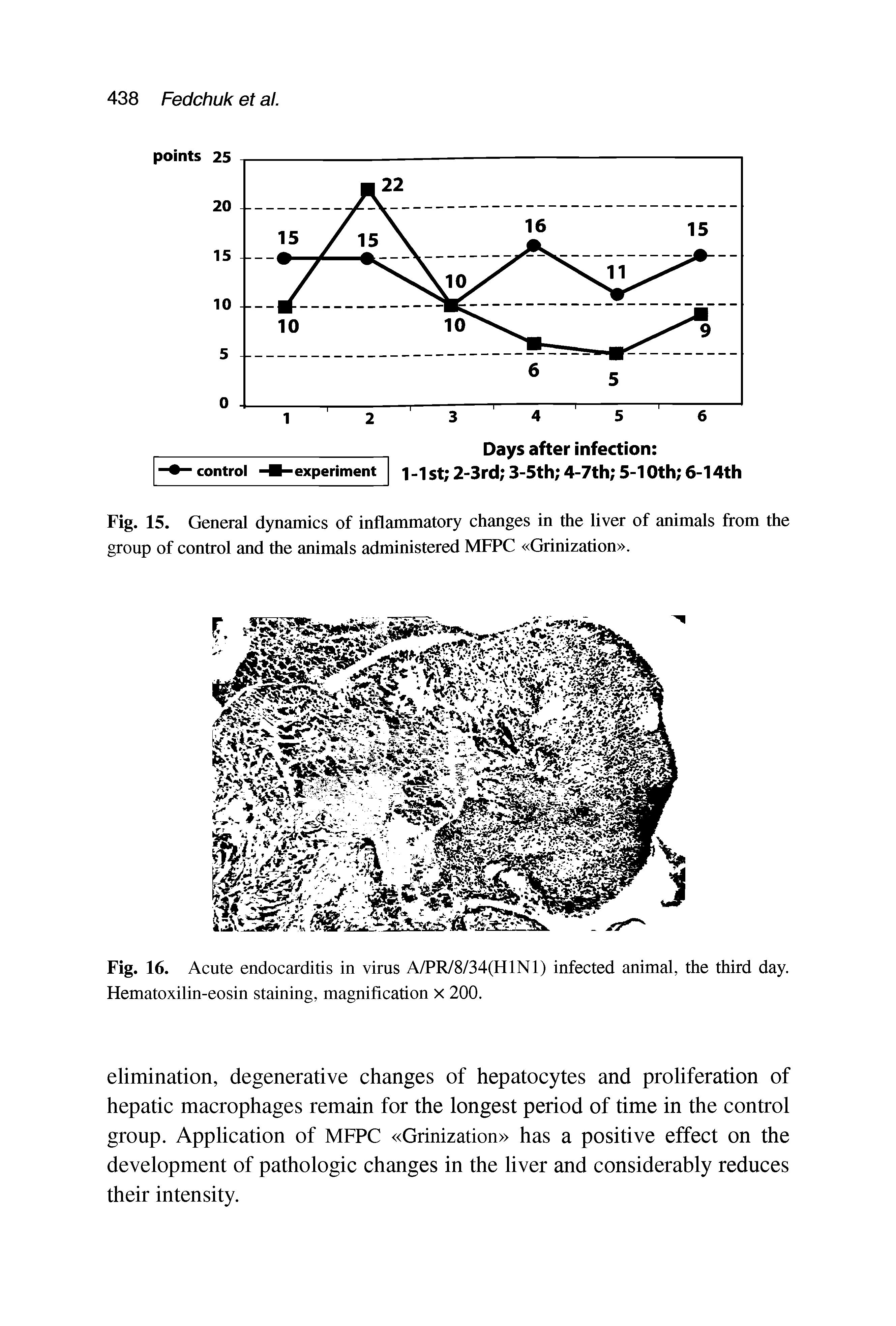 Fig. 15. General dynamics of inflammatory changes in the liver of animals from the group of control and the animals administered MFPC Grinization .