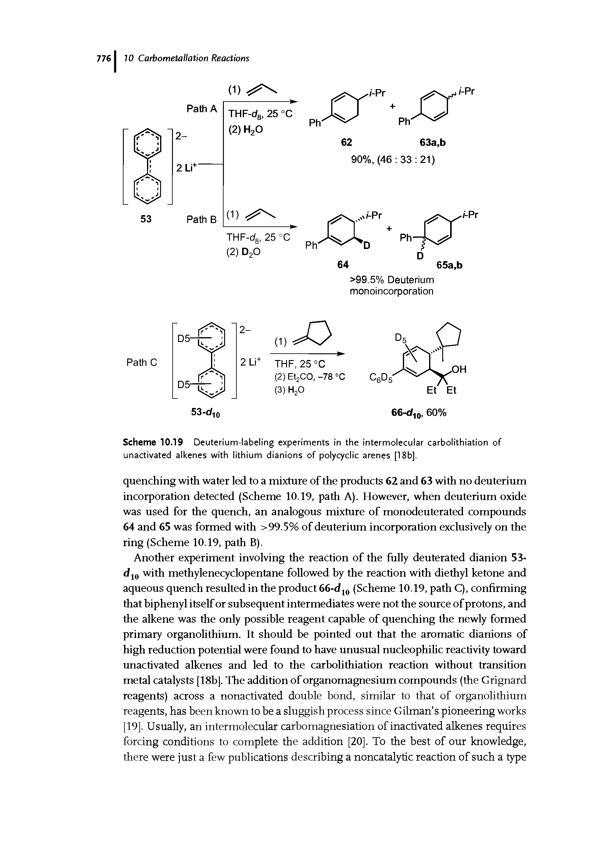 Scheme 10.19 Deuterium-labeling experiments in the intermolecular carbolithiation of unactivated alkenes with lithium dianions of polycyclic arenes [18b].