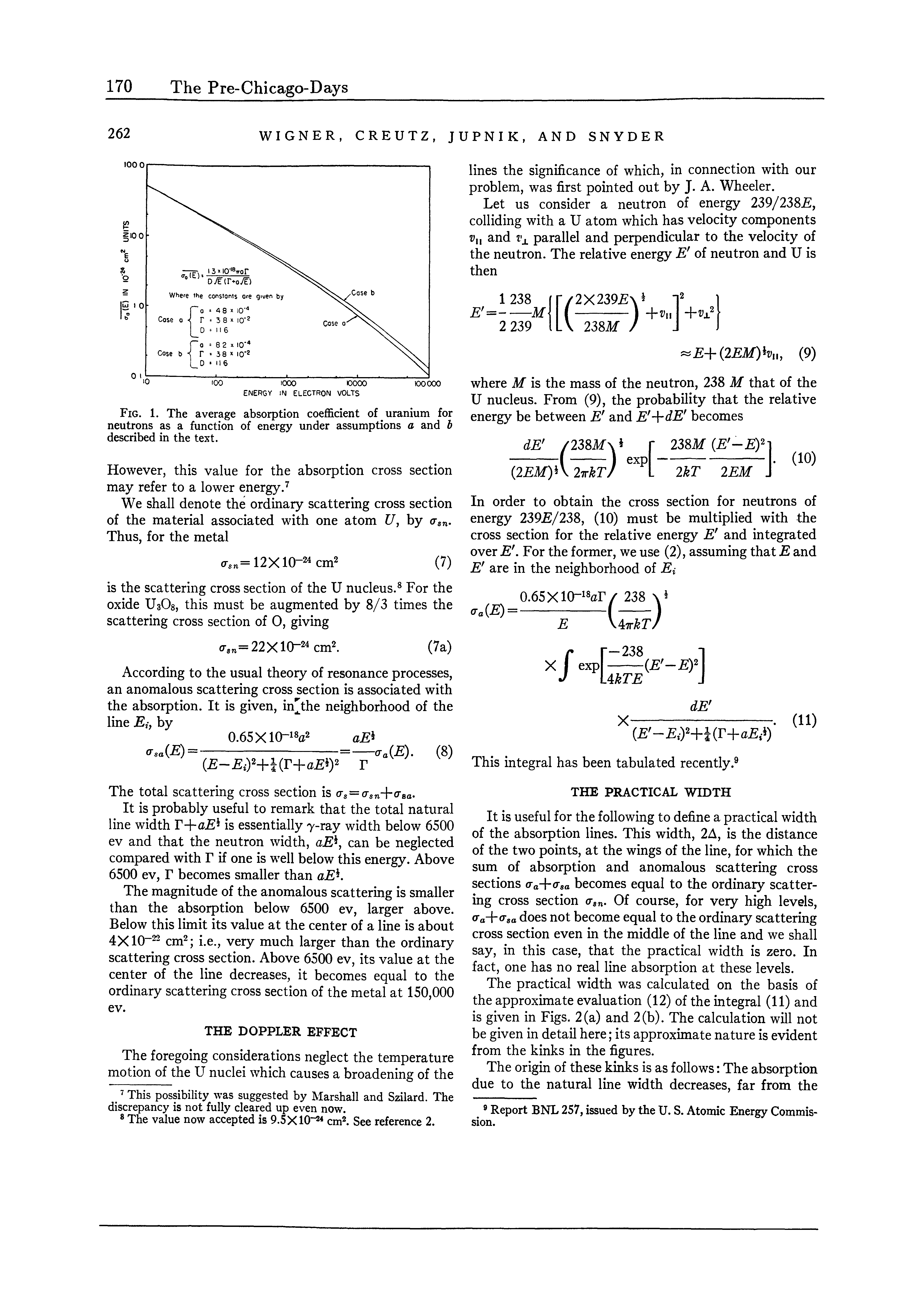 Fig. 1. The average absorption coefficient of uranium for neutrons as a function of energy under assumptions a and 6 described in the text.