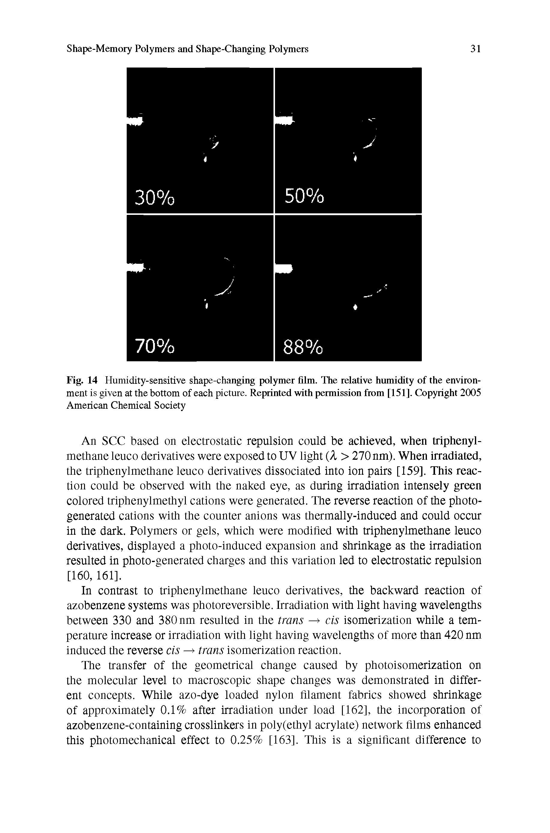 Fig. 14 Humidity-sensitive shape-changing polymer film. The relative humidity of the environment is given at the bottom of each picture. Reprinted with permission from [151]. Copyright 2005 American Chemical Society...