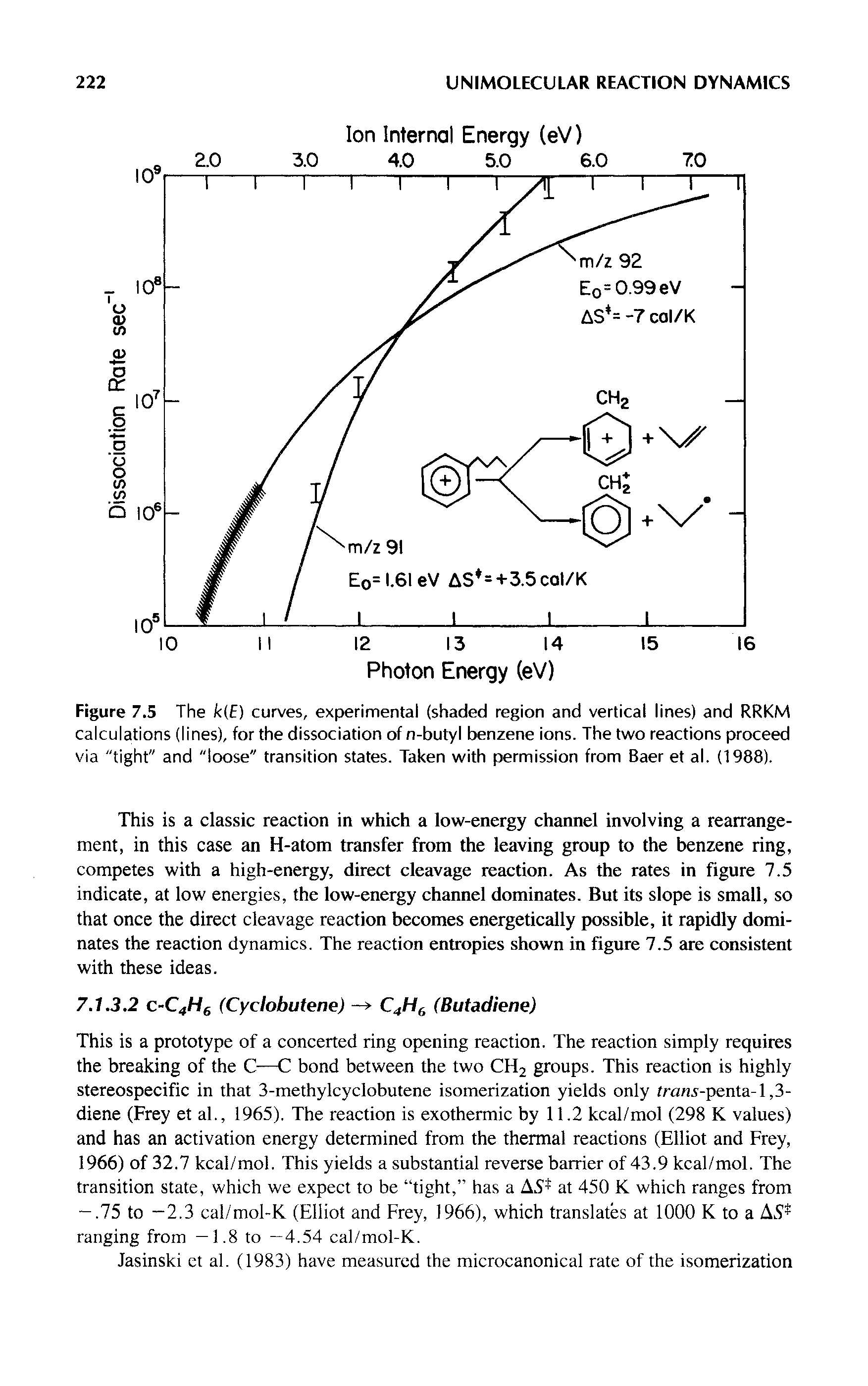 Figure 7.5 The k(E) curves, experimental (shaded region and vertical lines) and RRKM calculations (lines), for the dissociation of n-butyl benzene ions. The two reactions proceed via "tight" and "loose" transition states. Taken with permission from Baer et al. (1988).
