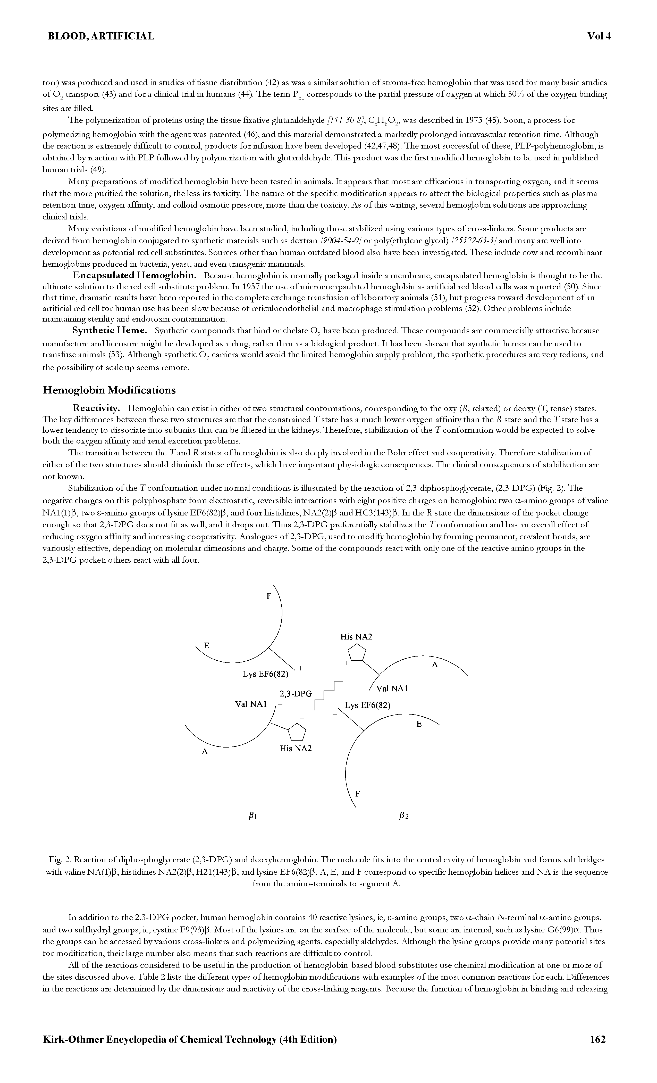 Fig. 2. Reaction of diphosphoglycerate (2,3-DPG) and deoxyhemoglobin. The molecule fits into the central cavity of hemoglobin and forms salt bridges with valine NA(I)p, histidines NA2(2)p, H2I(I43)p, and lysine EF6(82)p. A, E, and E correspond to specific hemoglobin hehces and NA is the sequence...