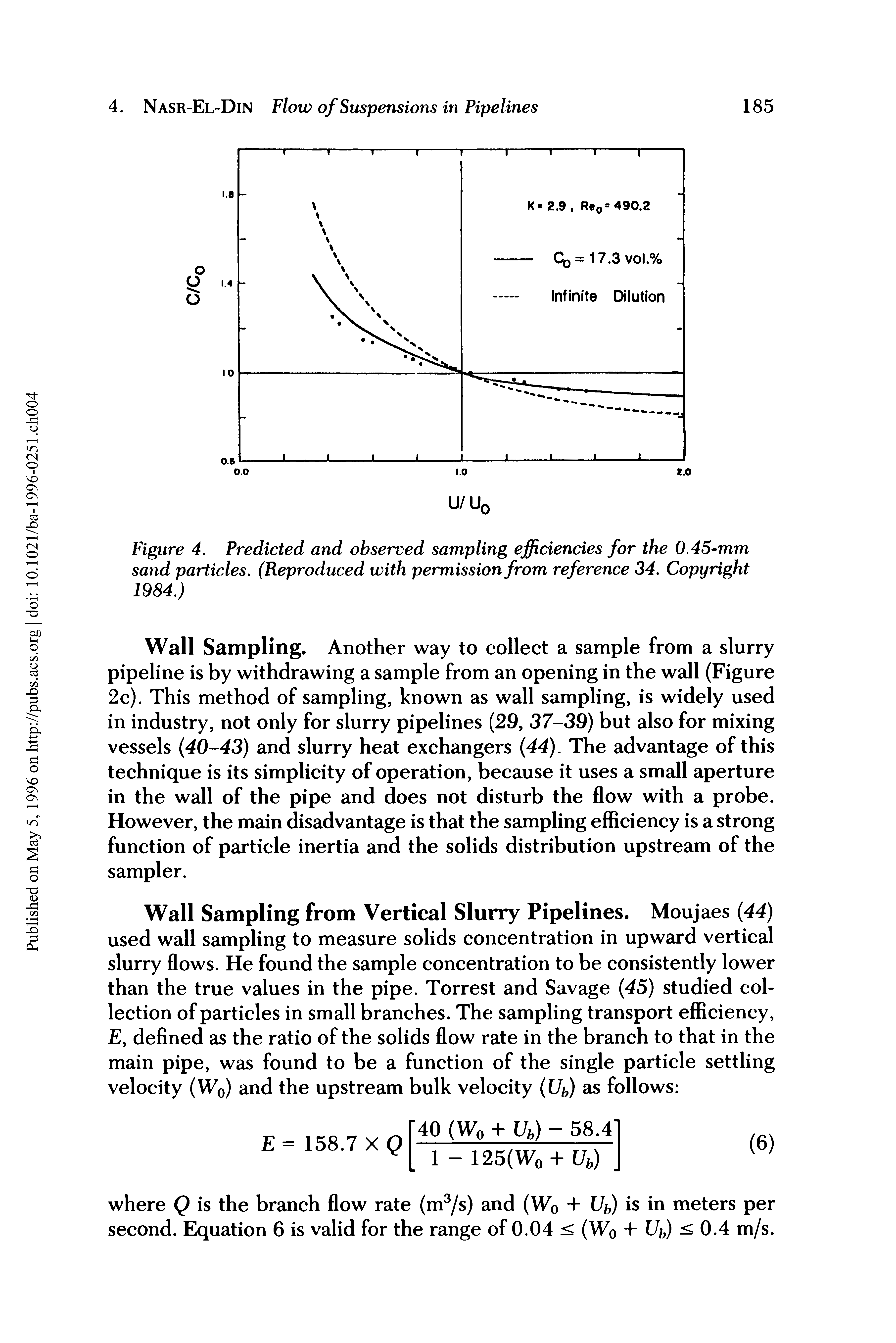 Figure 4. Predicted and observed sampling efficiencies for the 0.45-mm sand particles. (Reproduced with permission from reference 34. Copyright 1984.)...