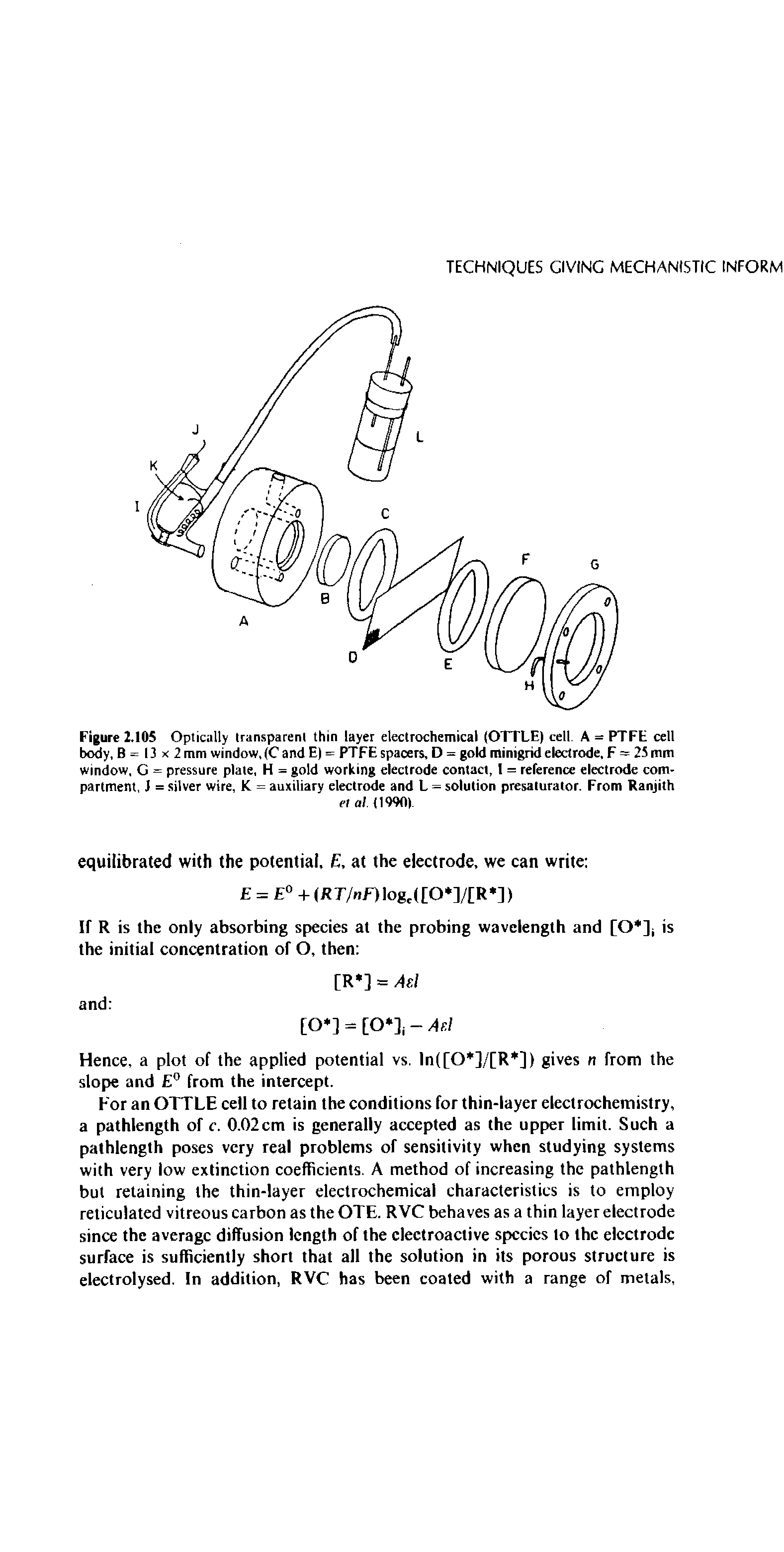 Figure 2.105 Optically transparent thin layer electrochemical (OTTLE) cell. A = PTFE cell body, B = 13 x 2 mm window, (C and E) = PTFE spacers, D = gold minigrid electrode, F = 25 mm window, G = pressure plate, H = gold working electrode contact, 1 = reference electrode compartment, J = silver wire, K = auxiliary electrode and L = solution presaturator. From Ranjith...