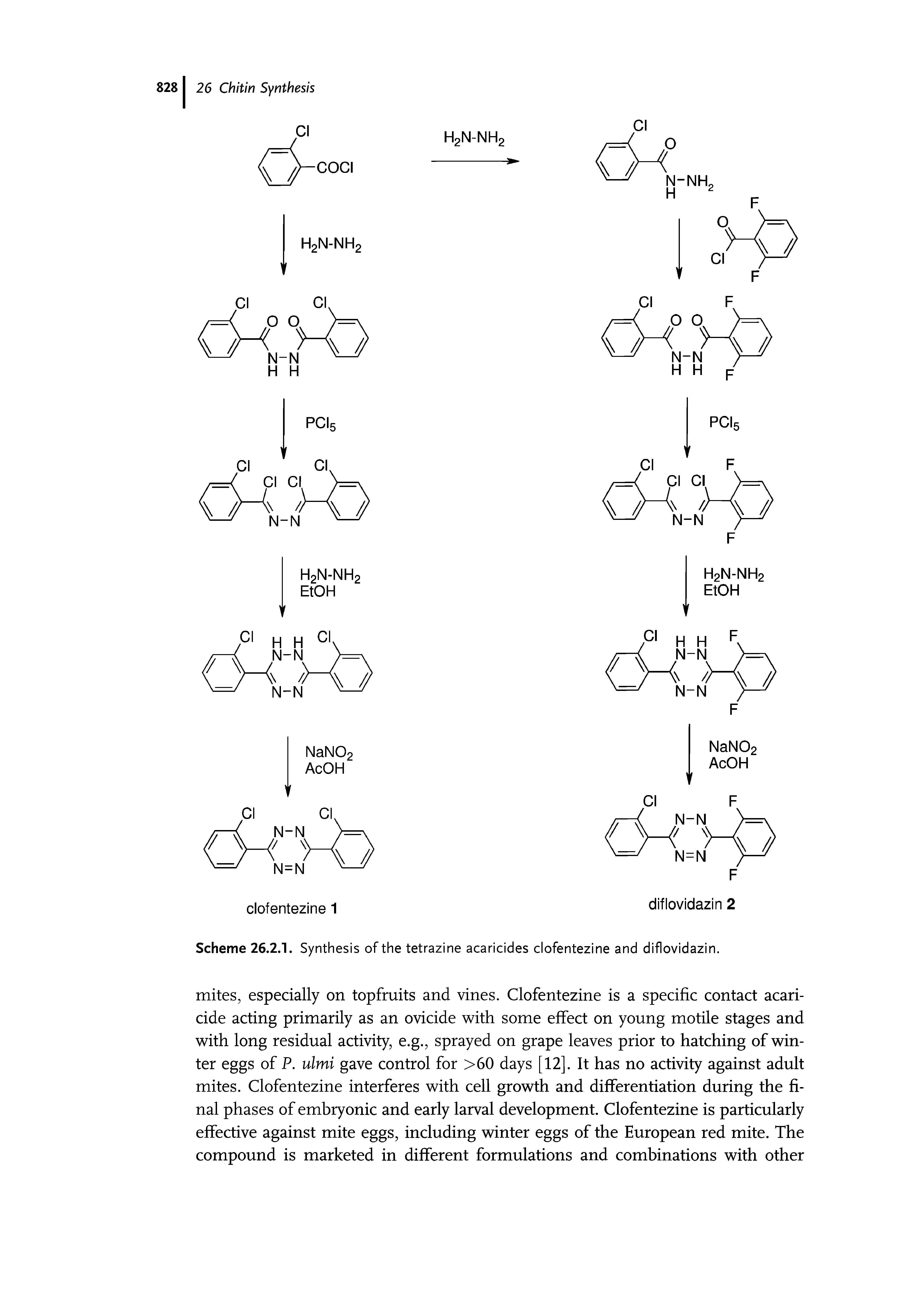 Scheme 26.2.1. Synthesis of the tetrazine acaricides clofentezine and diflovidazin.