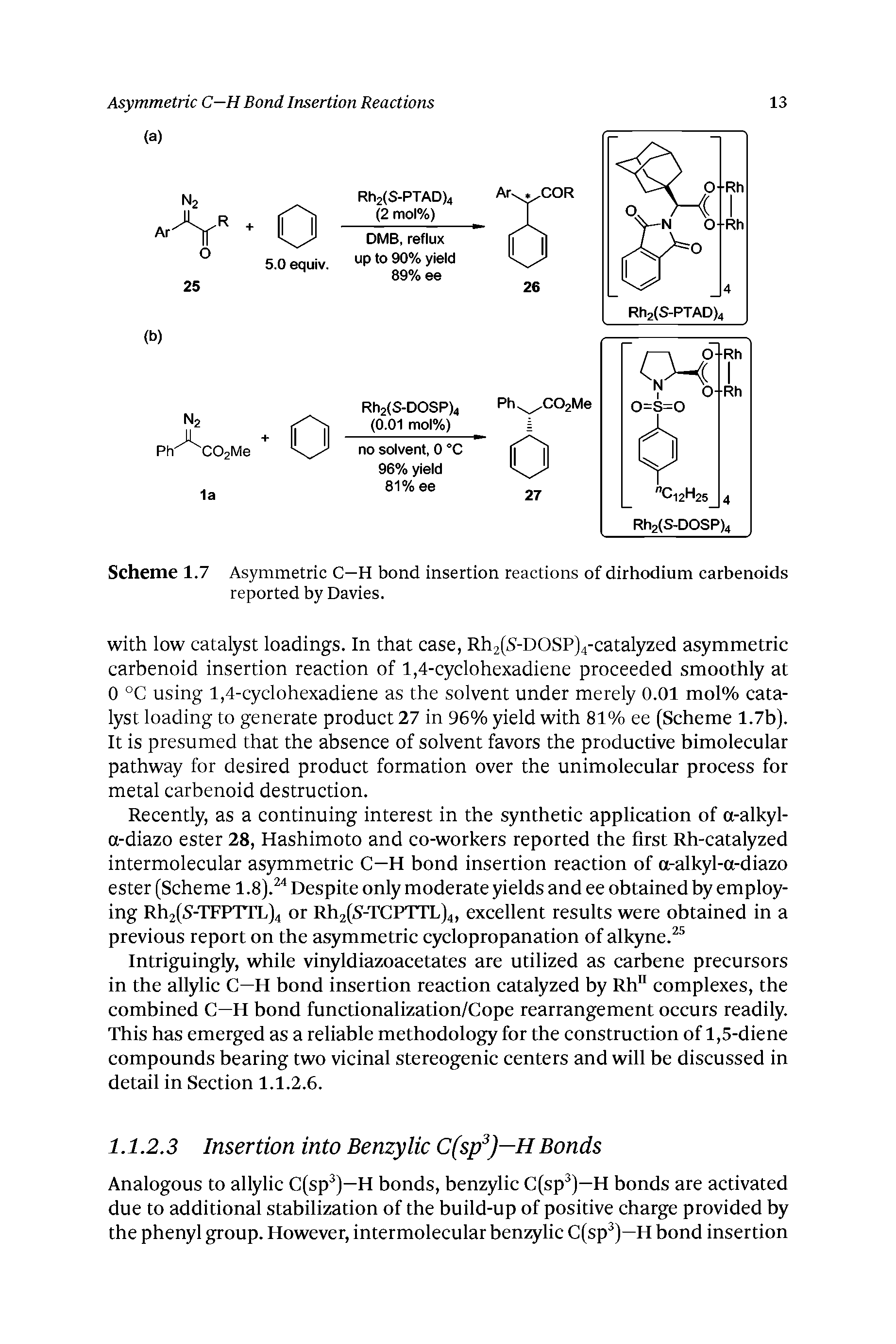 Scheme 1.7 Asymmetric C—H bond insertion reactions of dirhodium carbenoids reported by Davies.