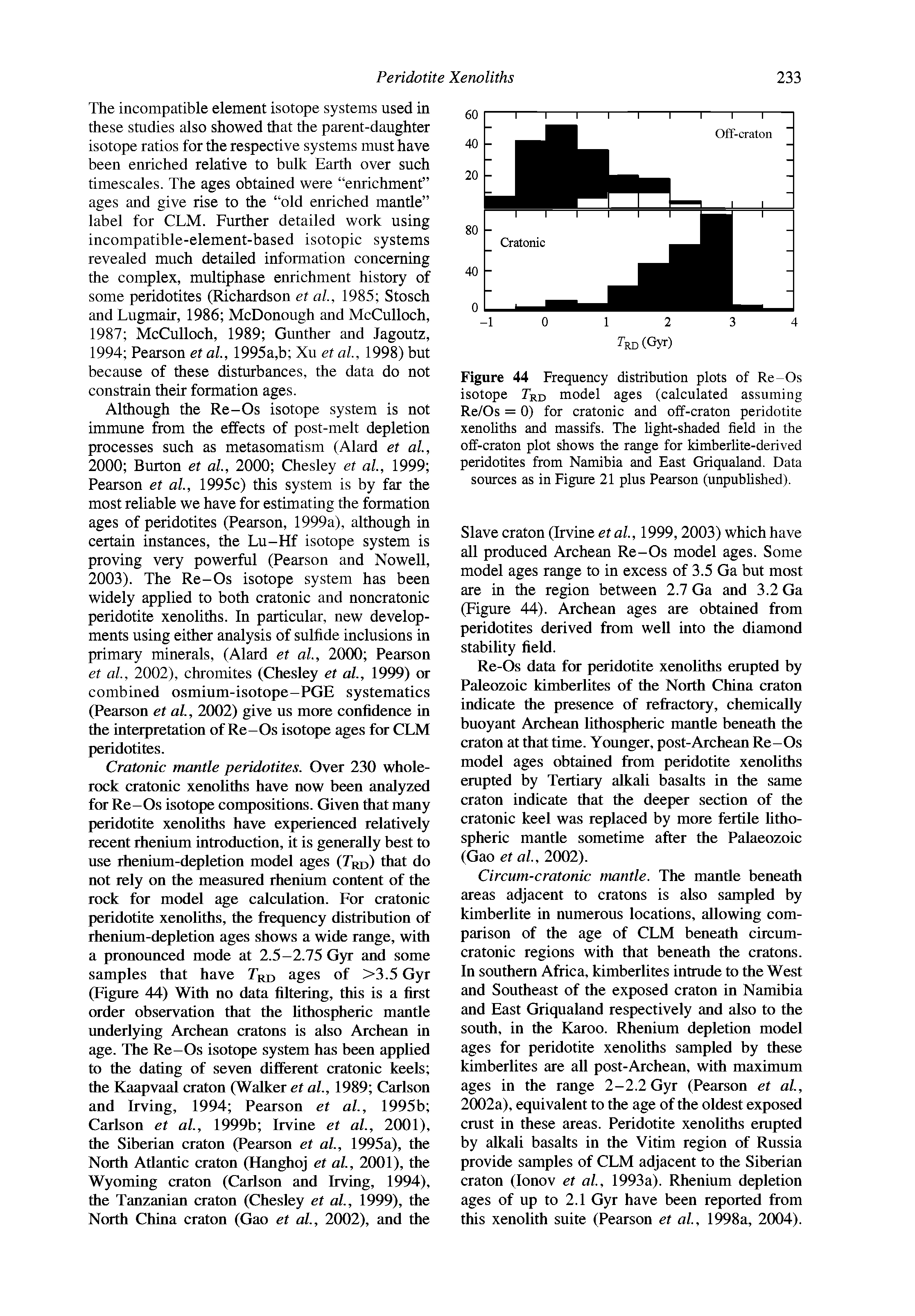 Figure 44 Frequency distribution plots of Re-Os isotope Trd rnodel ages (calculated assuming Re/Os = 0) for cratonic and off-craton peridotite xenoliths and massifs. The light-shaded field in the off-craton plot shows the range for kimberlite-derived peridotites from Namibia and East Griqualand. Data sources as in Figure 21 plus Pearson (unpublished).