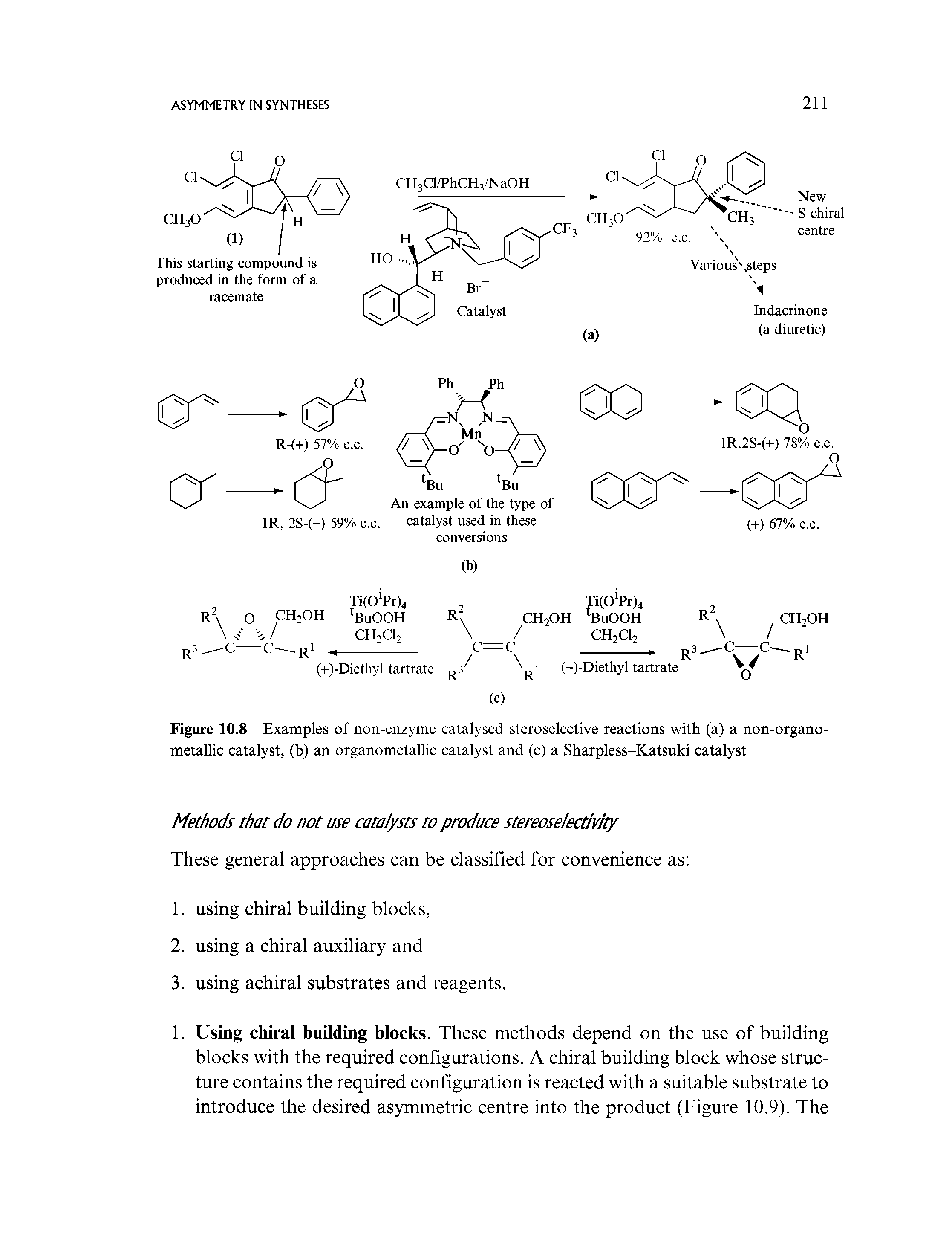 Figure 10.8 Examples of non-enzyme catalysed steroselective reactions with (a) a non-organo-metallic catalyst, (b) an organometallic catalyst and (c) a Sharpless-Katsuki catalyst...