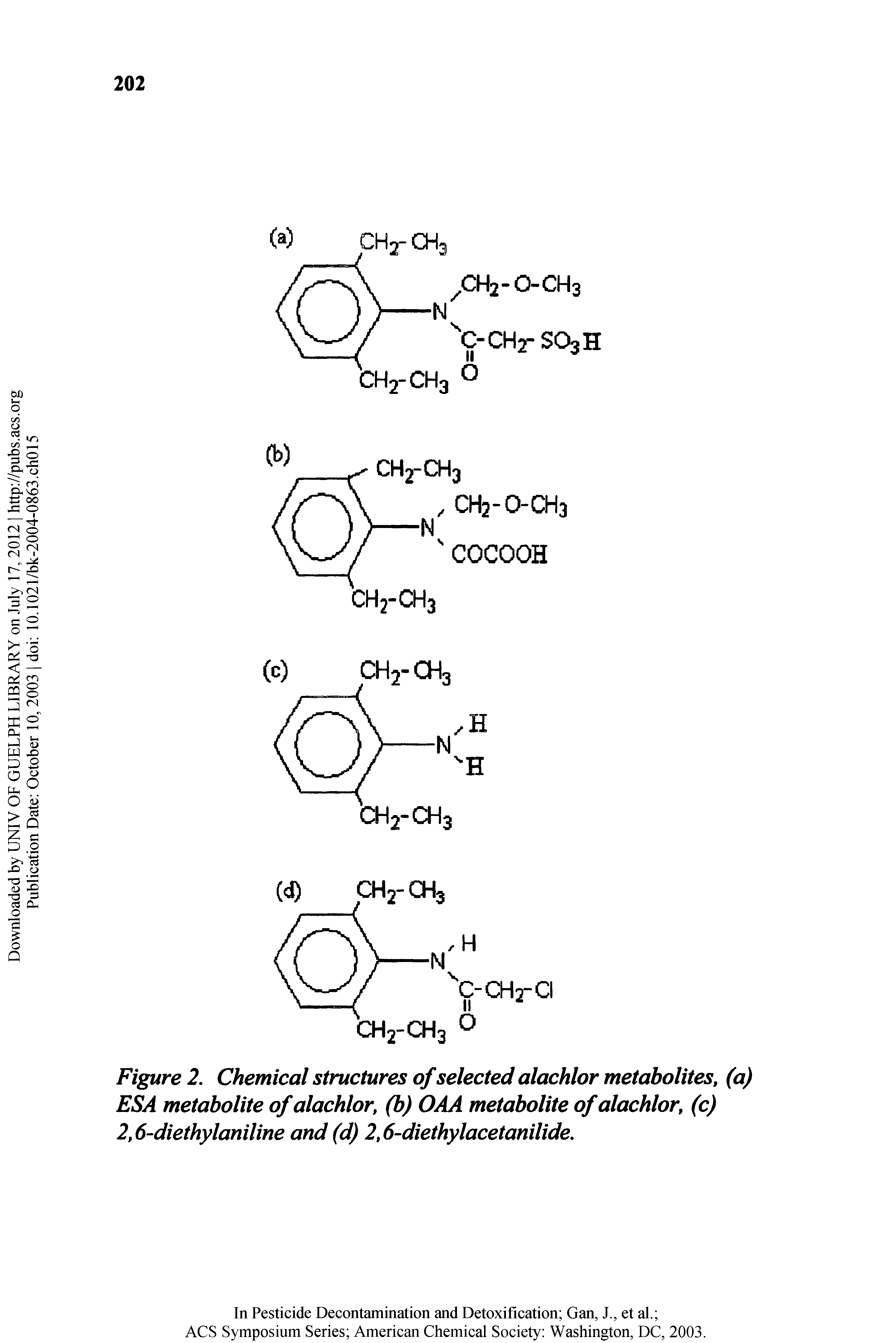 Figure 2. Chemical structures of selected alachlor metabolites, (a) ESA metabolite of alachlor, (b) OAA metabolite of alachlor, (c) 2,6-diethylaniline and (d) 2,6-diethylacetanilide.