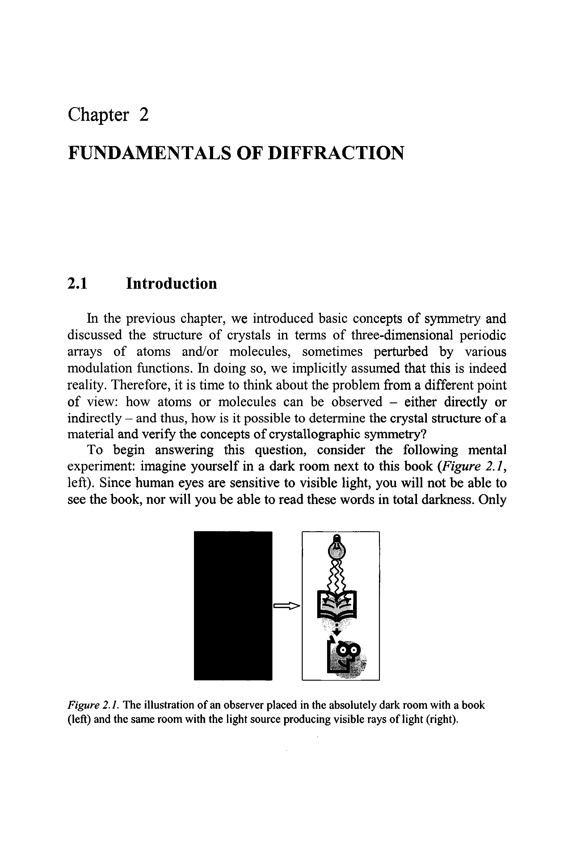 Figure 2.1. The illustration of an observer placed in the absolutely dark room with a book (left) and the same room with the light source producing visible rays of light (right).