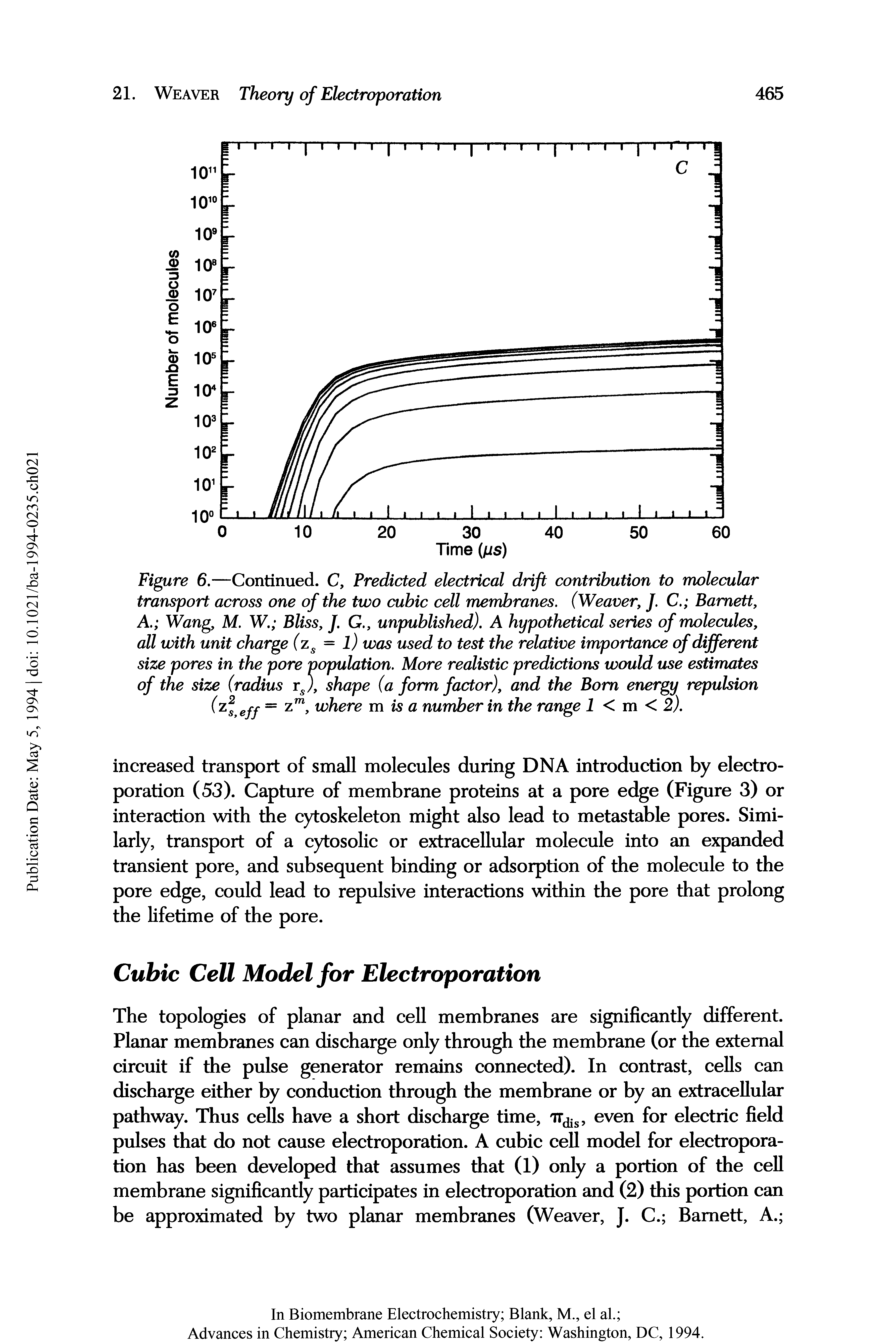 Figure 6.—Continued. C, Predicted electrical drift contribution to molecular transport across one of the two cubic cell membranes. (Weaver, J. C. Barnett, A. Wang, M. W. B/iss, J. G., unpublished). A hypothetical series of molecules, a// with unit charge (zs = l) was used to test the relative importance of different size pores in the pore population. More realistic predictions would use estimates of the size (radius rs), shape (a form factor), and the Bom energy repulsion (zs>eff — zm, where m is a number in the range 1 < m < 2).