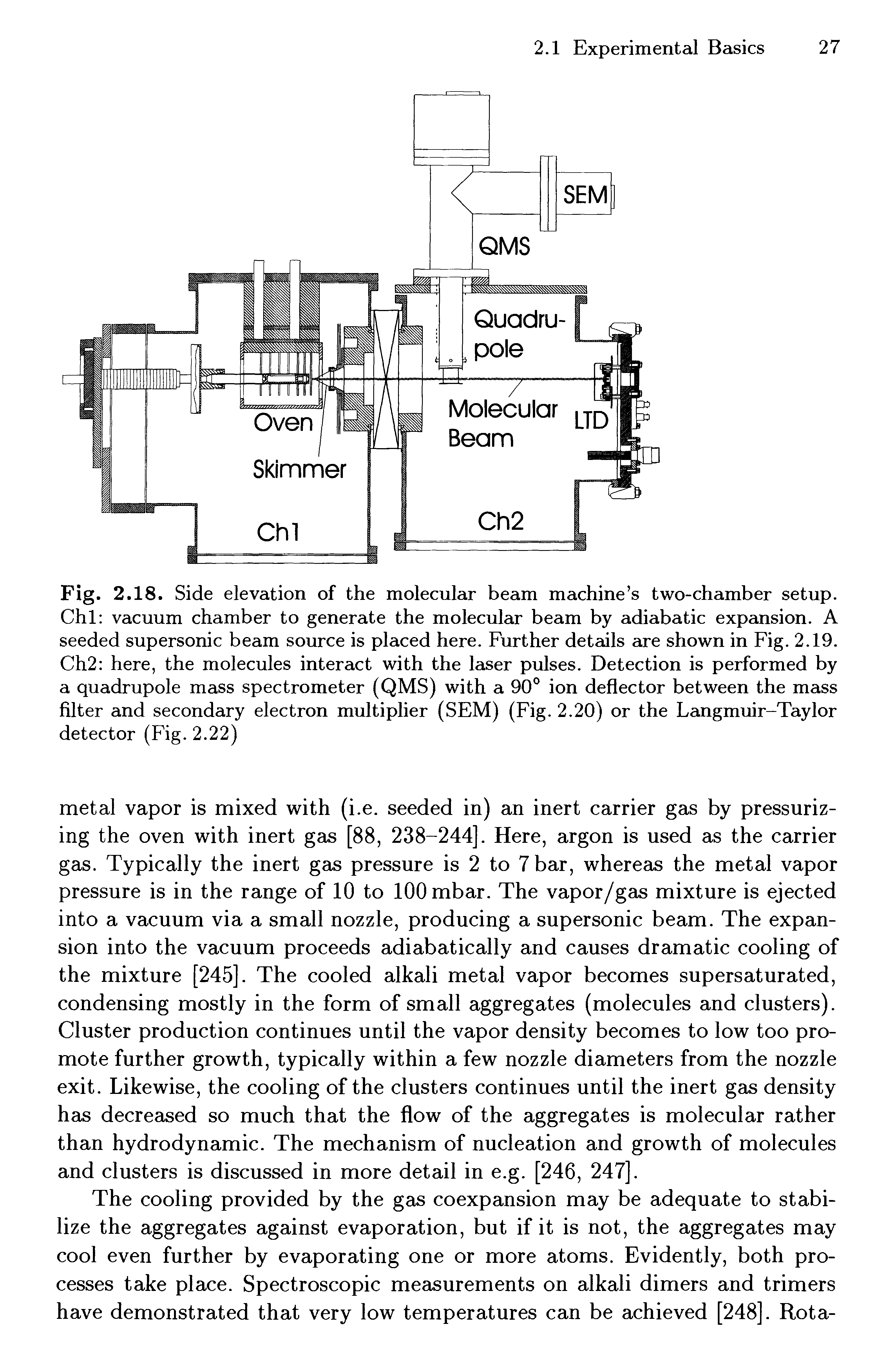 Fig. 2.18. Side elevation of the molecular beam machine s two-chamber setup. Chi vacuum chamber to generate the molecular beam by adiabatic expansion. A seeded supersonic beam source is placed here. Further details are shown in Fig. 2.19. Ch2 here, the molecules interact with the laser pulses. Detection is performed by a quadrupole mass spectrometer (QMS) with a 90° ion deflector between the mass filter and secondary electron multiplier (SEM) (Fig. 2.20) or the Langmuir-Taylor detector (Fig. 2.22)...