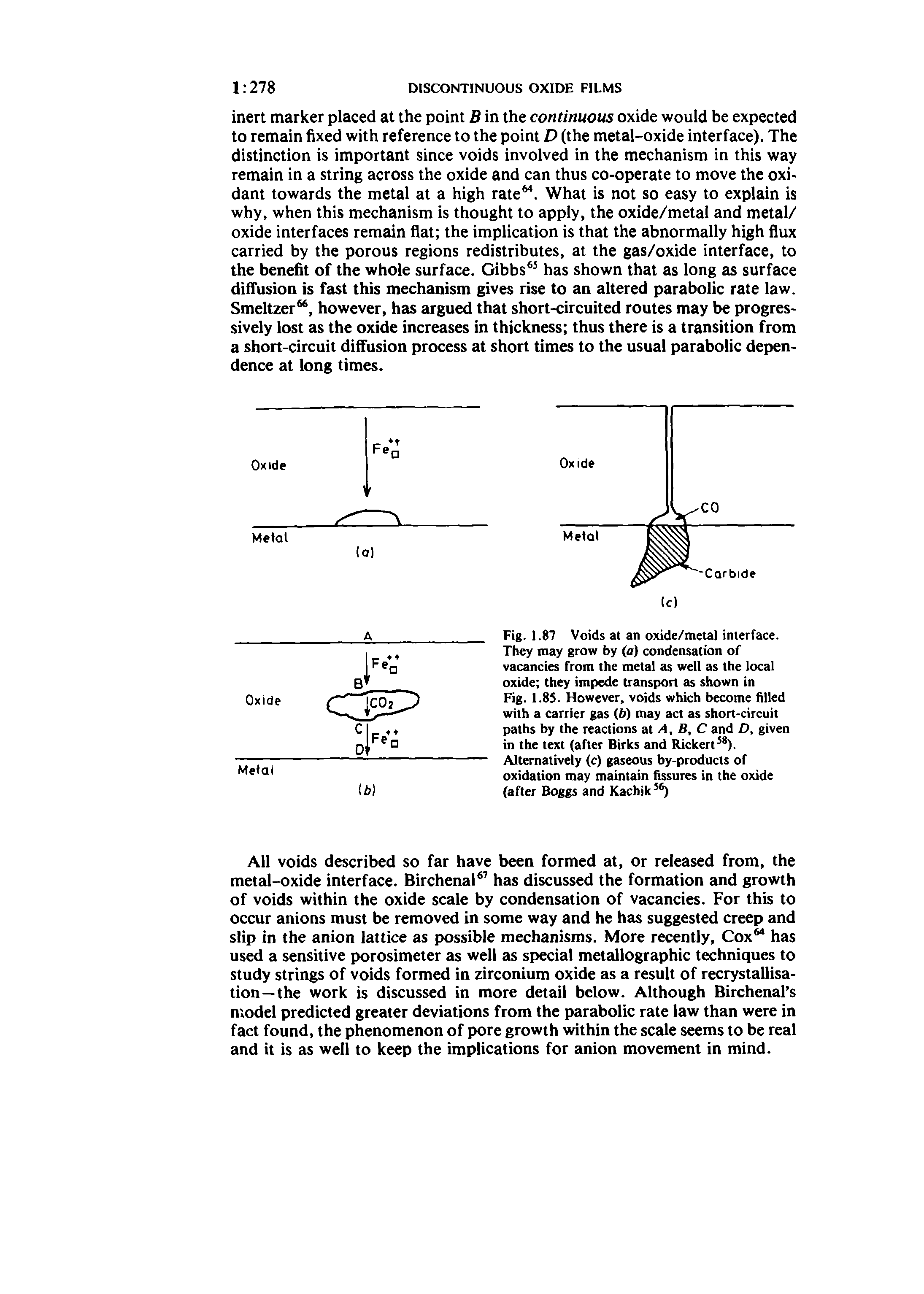 Fig. 1.87 Voids at an oxide/metal interface. They may grow by (a) condensation of vacancies from the metal as well as the local oxide they impede transport as shown in Fig. 1.85. However, voids which become filled with a carrier gas (b) may act as short-circuit paths by the reactions ai A, B.C and >, given in the text (after Birks and Rickert ). Alternatively (c) gaseous by-products of oxidation may maintain fissures in the oxide (after Boggs and Kachik ...