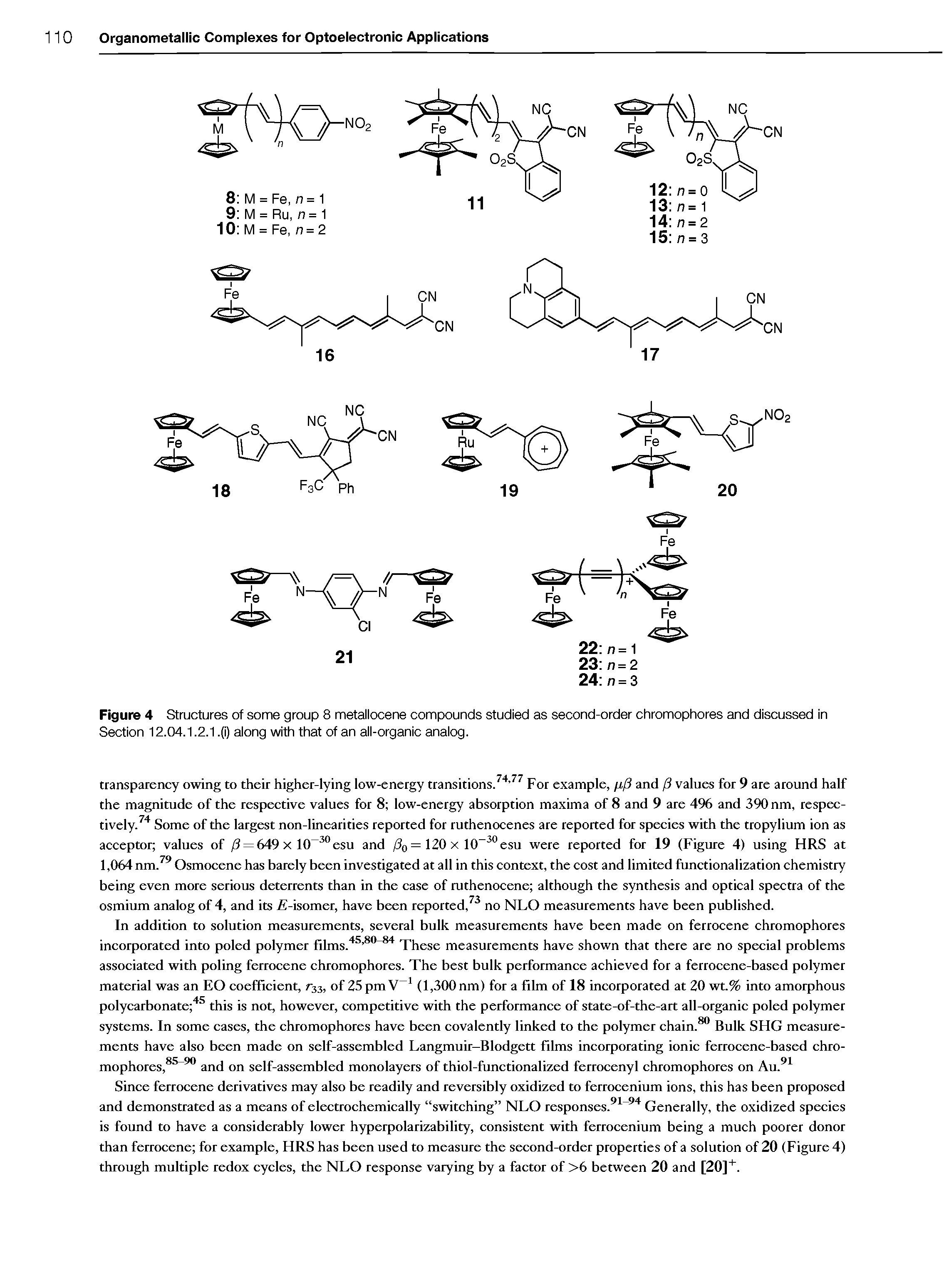 Figure 4 Structures of some group 8 metallocene compounds studied as second-order chromophores and discussed In Section 12.04.1.2.1. (I) along with that of an all-organic analog.