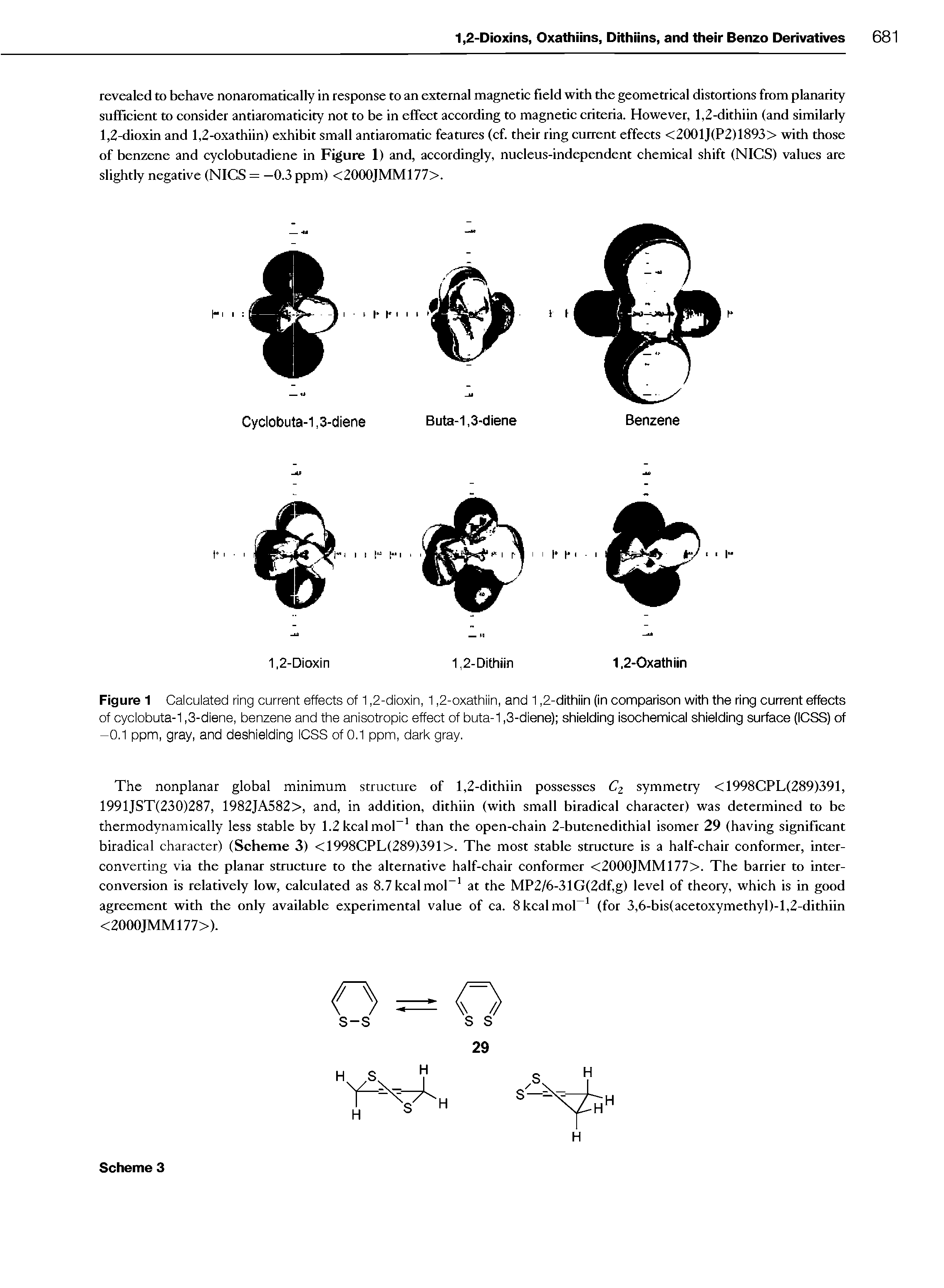 Figure 1 Calculated ring current effects of 1,2-dloxln, 1,2-oxathlln, and 1,2-dithiin (in comparison with the ring current effects of cyclobuta-1,3-dlene, benzene and the anisotropic effect of buta-1,3-dlene) shielding isochemical shielding surface (ICSS) of -0.1 ppm, gray, and deshielding ICSS of 0.1 ppm, dark gray.