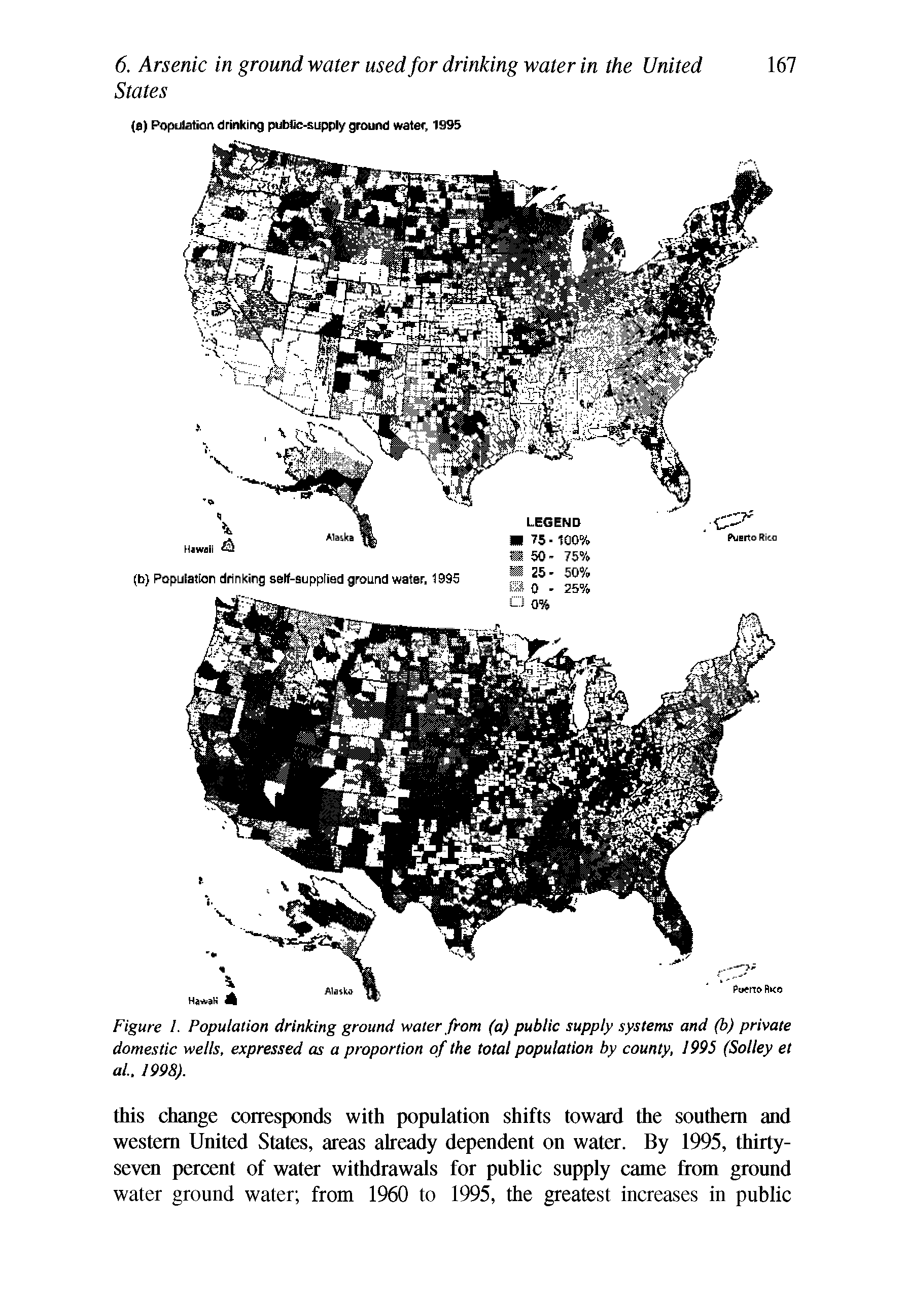 Figure /. Population drinking ground water front (a) public supply systems and (b) private domestic wells, expressed as a proportion of the total population by county, 1995 (Solley et at, 1998).