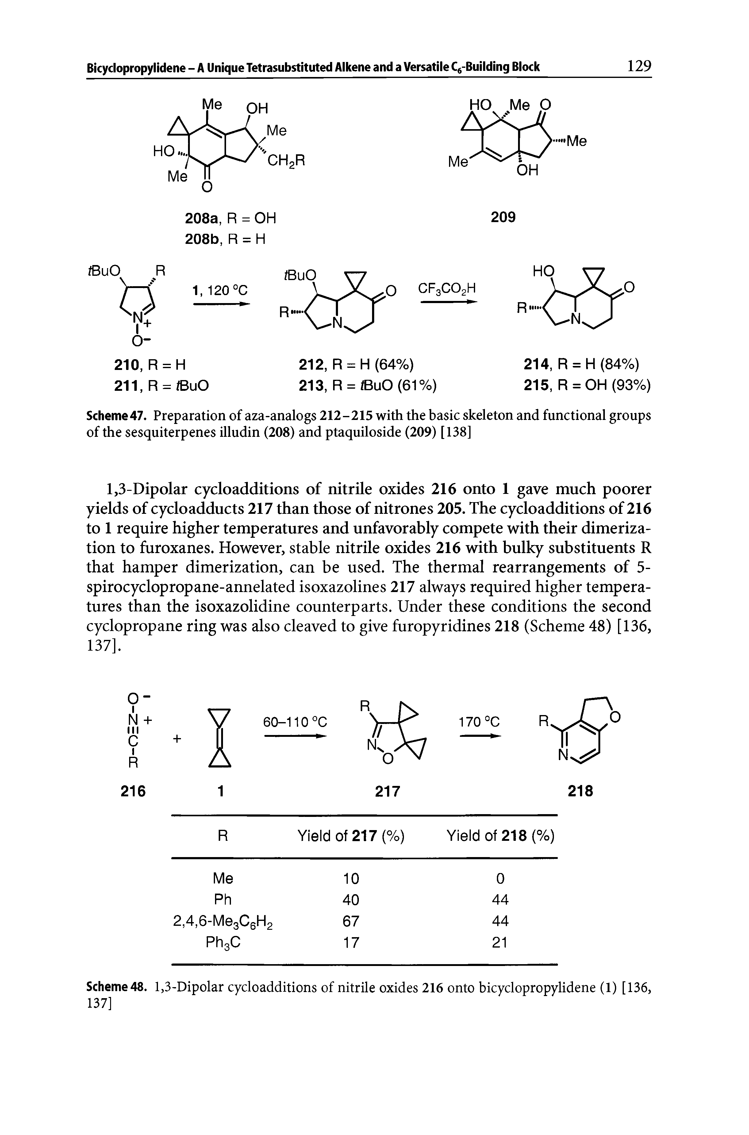 Scheme 48. 1,3-Dipolar cycloadditions of nitrile oxides 216 onto bicyclopropylidene (1) [136, 137]...