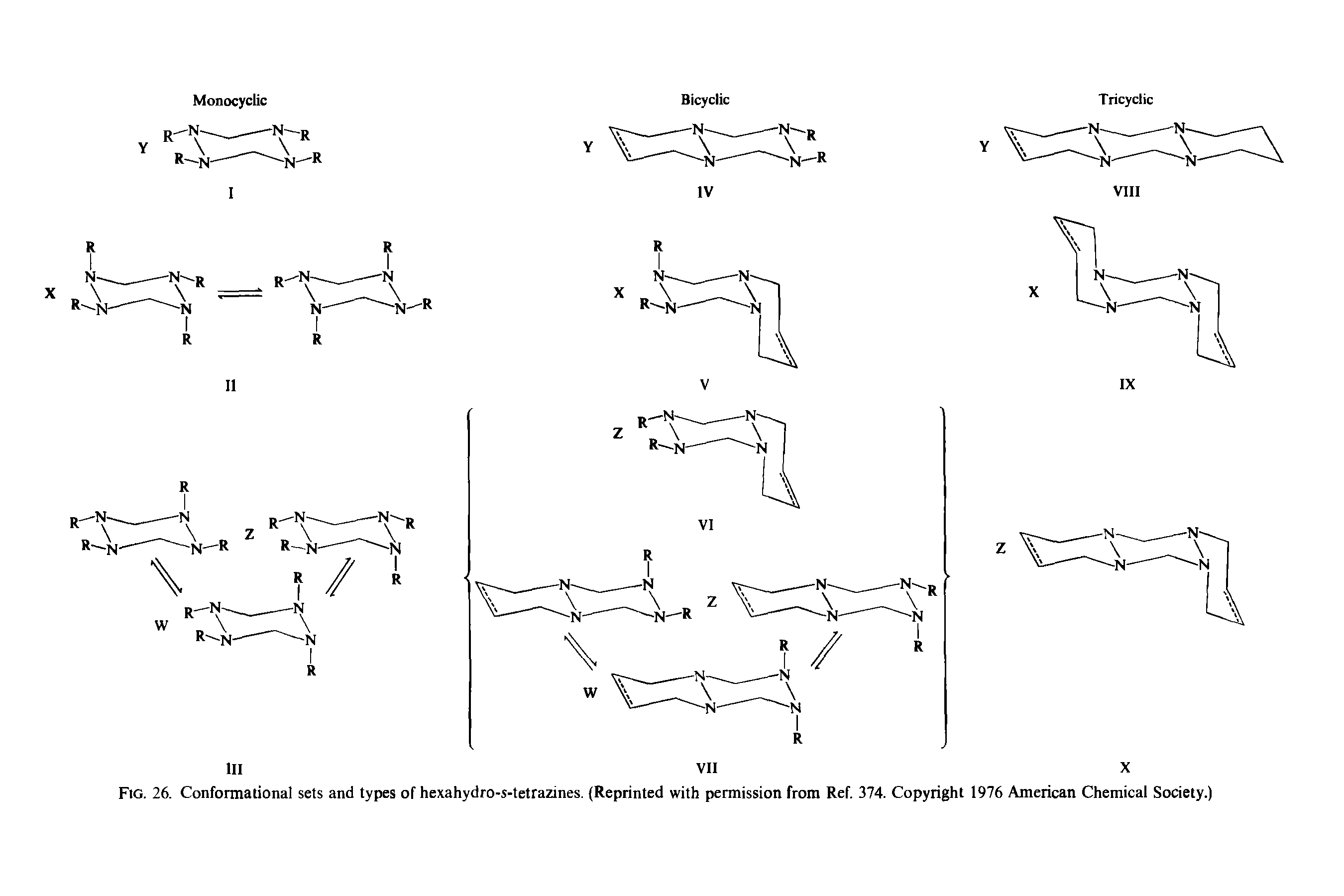Fig. 26. Conformational sets and types of hexahydro-s-tetrazines. (Reprinted with permission from Ref. 374. Copyright 1976 American Chemical Society.)...