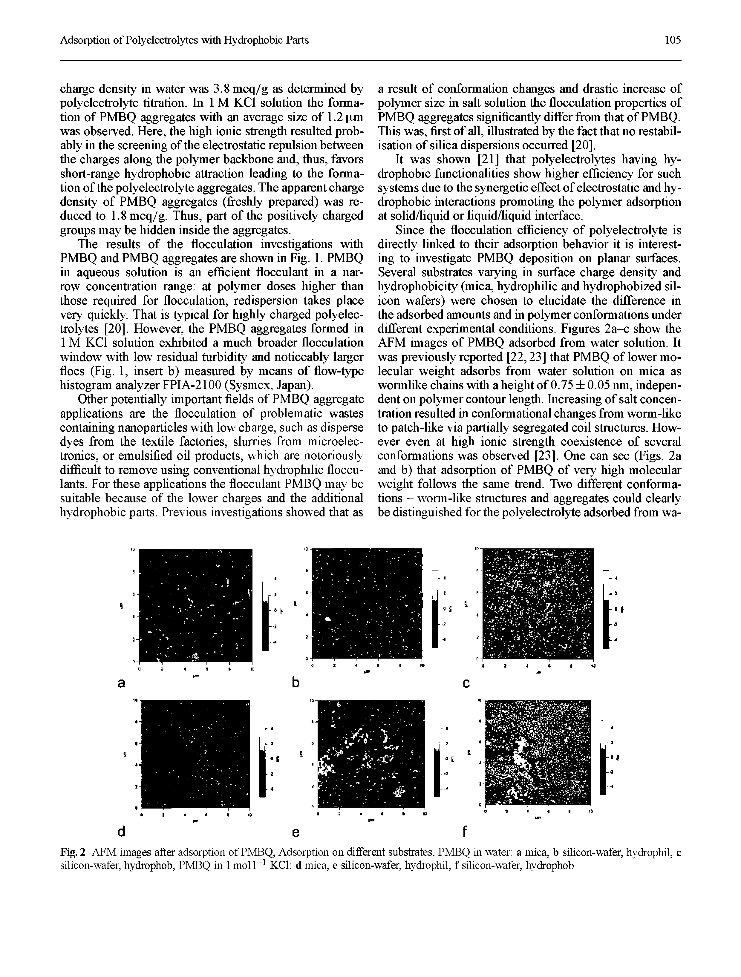 Fig. 2 AFM images after adsorption of PMBQ, Adsorption on different substrates, PMBQ in water a mica, b silicon-wafer, hydrophil, c silicon-wafer, hydrophob, PMBQ in 1 molff1 KC1 d mica, e silicon-wafer, hydrophil, f silicon-wafer, hydrophob...