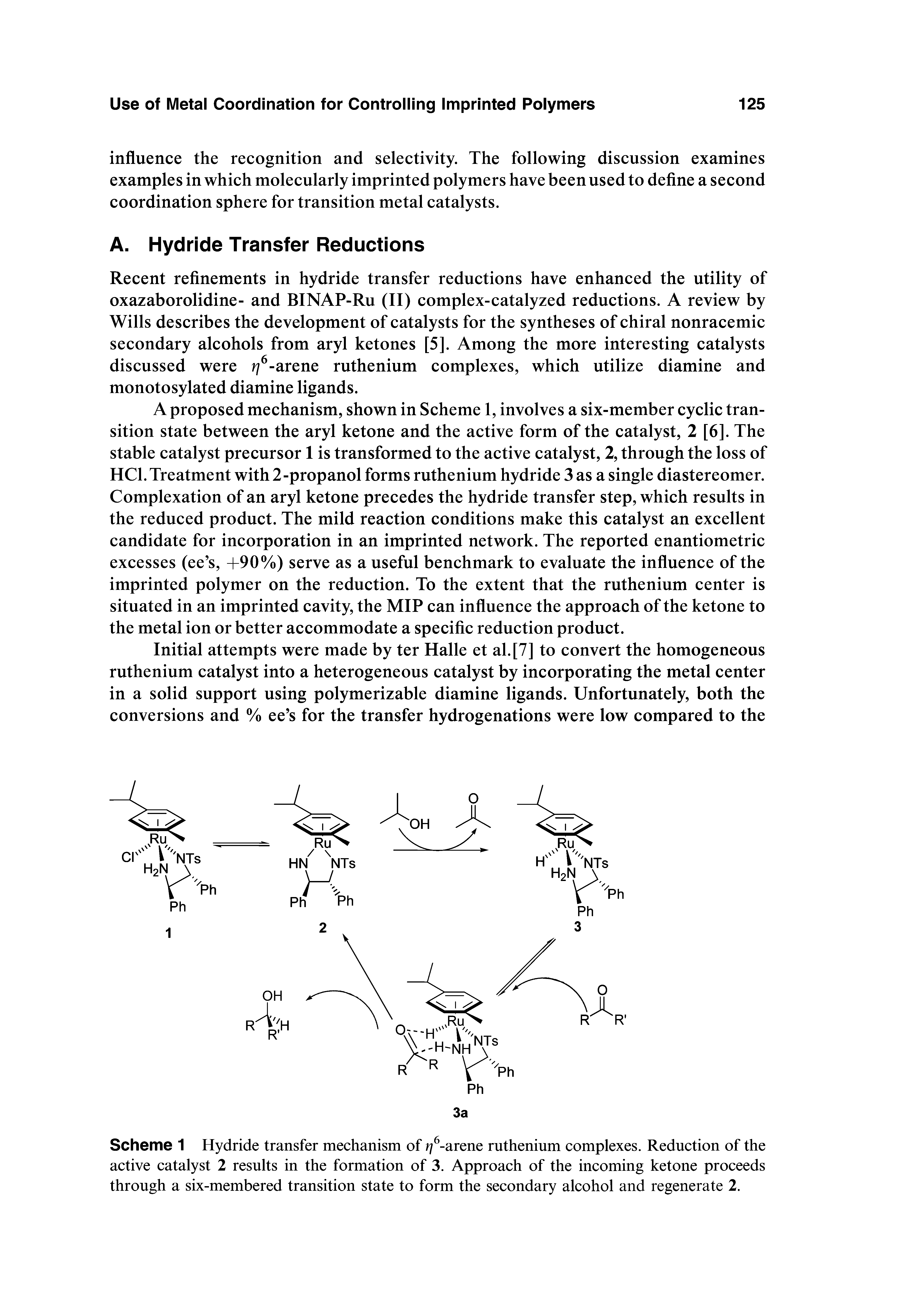 Scheme 1 Hydride transfer mechanism of -arene ruthenium complexes. Reduction of the active catalyst 2 results in the formation of 3. Approach of the incoming ketone proceeds through a six-membered transition state to form the secondary alcohol and regenerate 2.