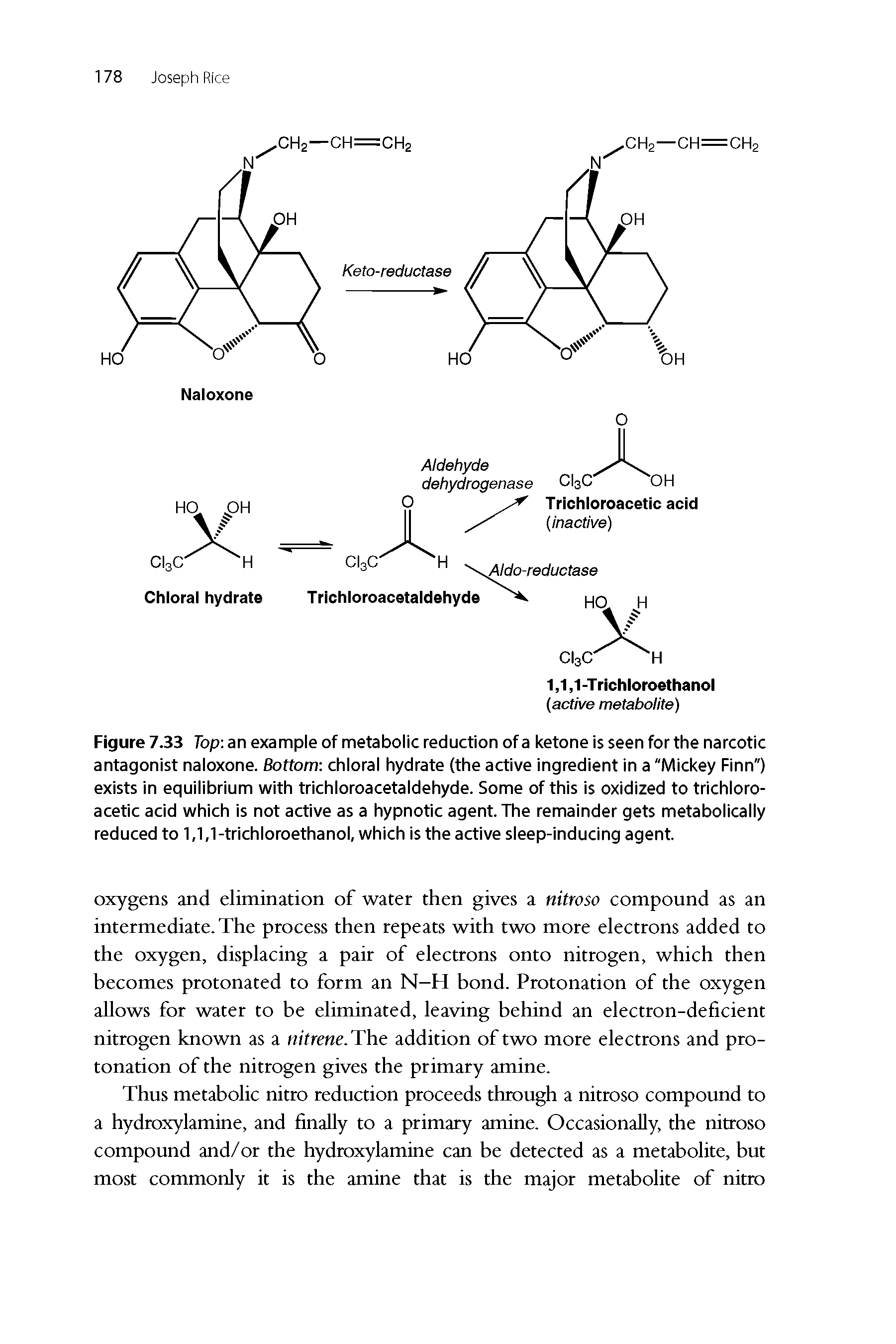 Figure 7.33 Top an example of metabolic reduction of a ketone is seen for the narcotic antagonist naloxone. Bottom chloral hydrate (the active ingredient in a "Mickey Finn") exists in equilibrium with trichloroacetaldehyde. Some of this is oxidized to trichloroacetic acid which is not active as a hypnotic agent. The remainder gets metabolically reduced to 1,1,1-trichloroethanol, which is the active sleep-inducing agent.
