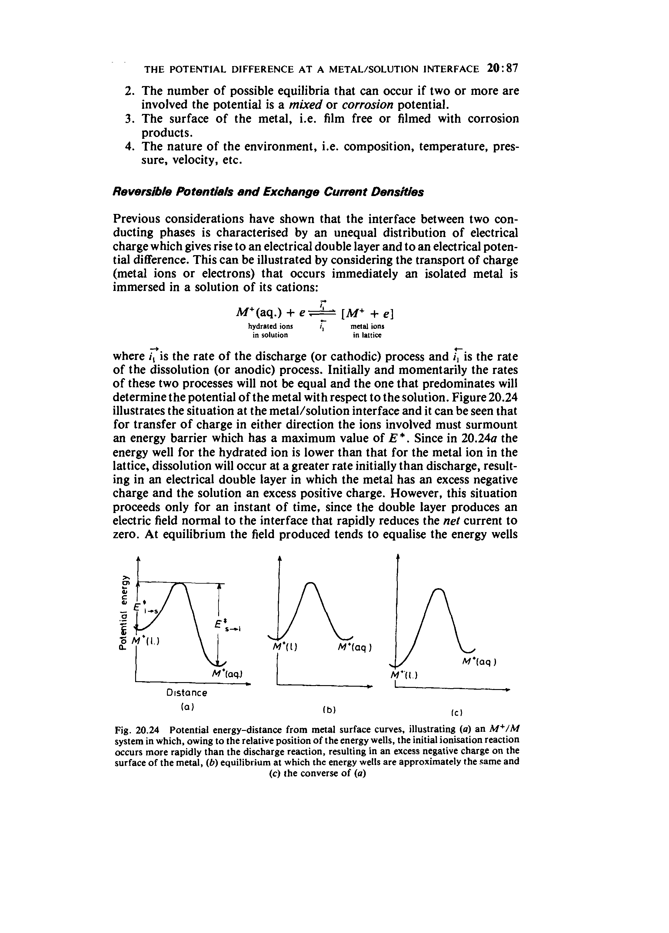 Fig. 20.24 Potential energy-distance from metal surface curves, illustrating (a) an M /M system in which, owing to the relative position of the energy wells, the initial ionisation reaction occurs more rapidly than the discharge reaction, resulting in an excess negative charge on the surface of the metal, (b) equilibrium at which the energy wells are approximately the same and...