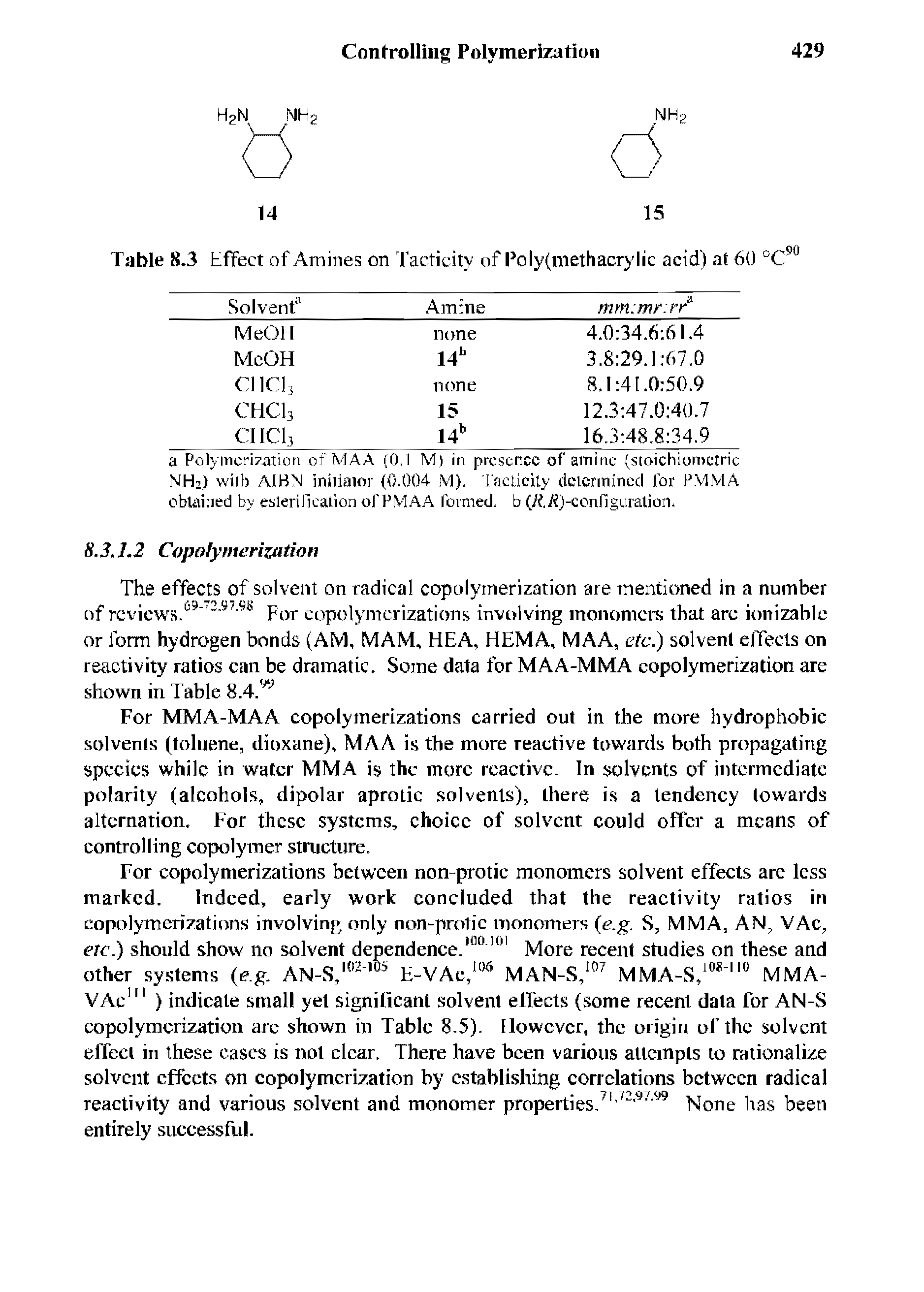 Table 8.3 Effect of Amines on Tacticity of Poly(methacrylic acid) at 60 DC90...