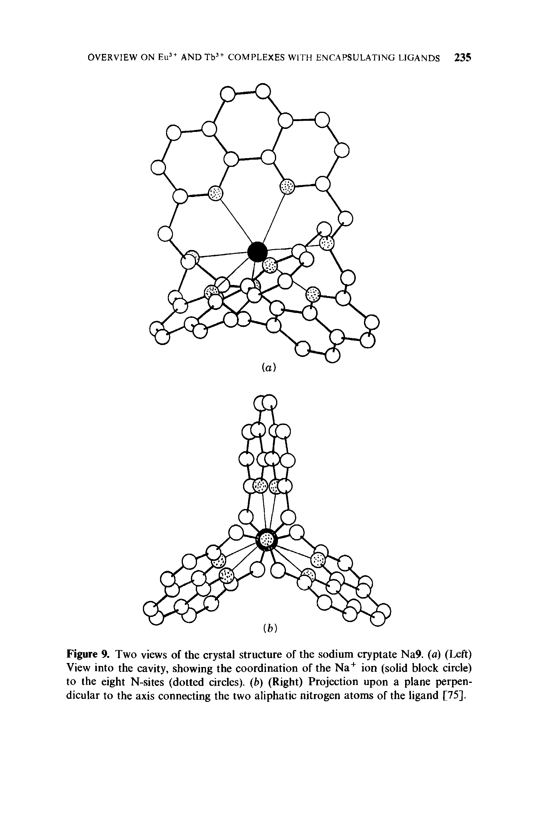 Figure 9. Two views of the crystal structure of the sodium cryptate Na9. (a) (Left) View into the cavity, showing the coordination of the Na+ ion (solid block circle) to the eight N-sites (dotted circles), (b) (Right) Projection upon a plane perpendicular to the axis connecting the two aliphatic nitrogen atoms of the ligand [75].