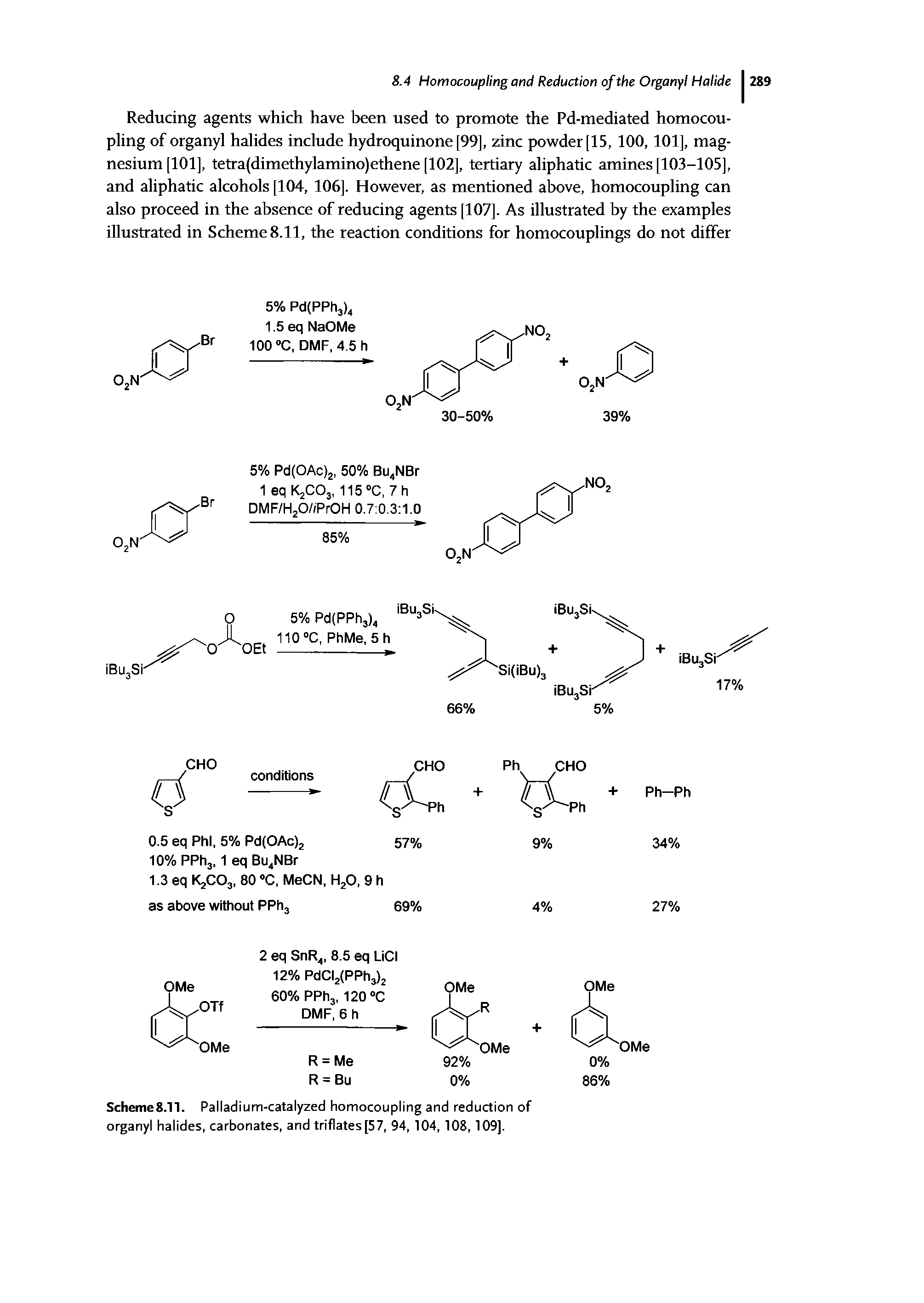 Scheme8.11. Palladium-catalyzed homocoupling and reduction of organyl halides, carbonates, and triflates [57, 94, 104, 108,109].