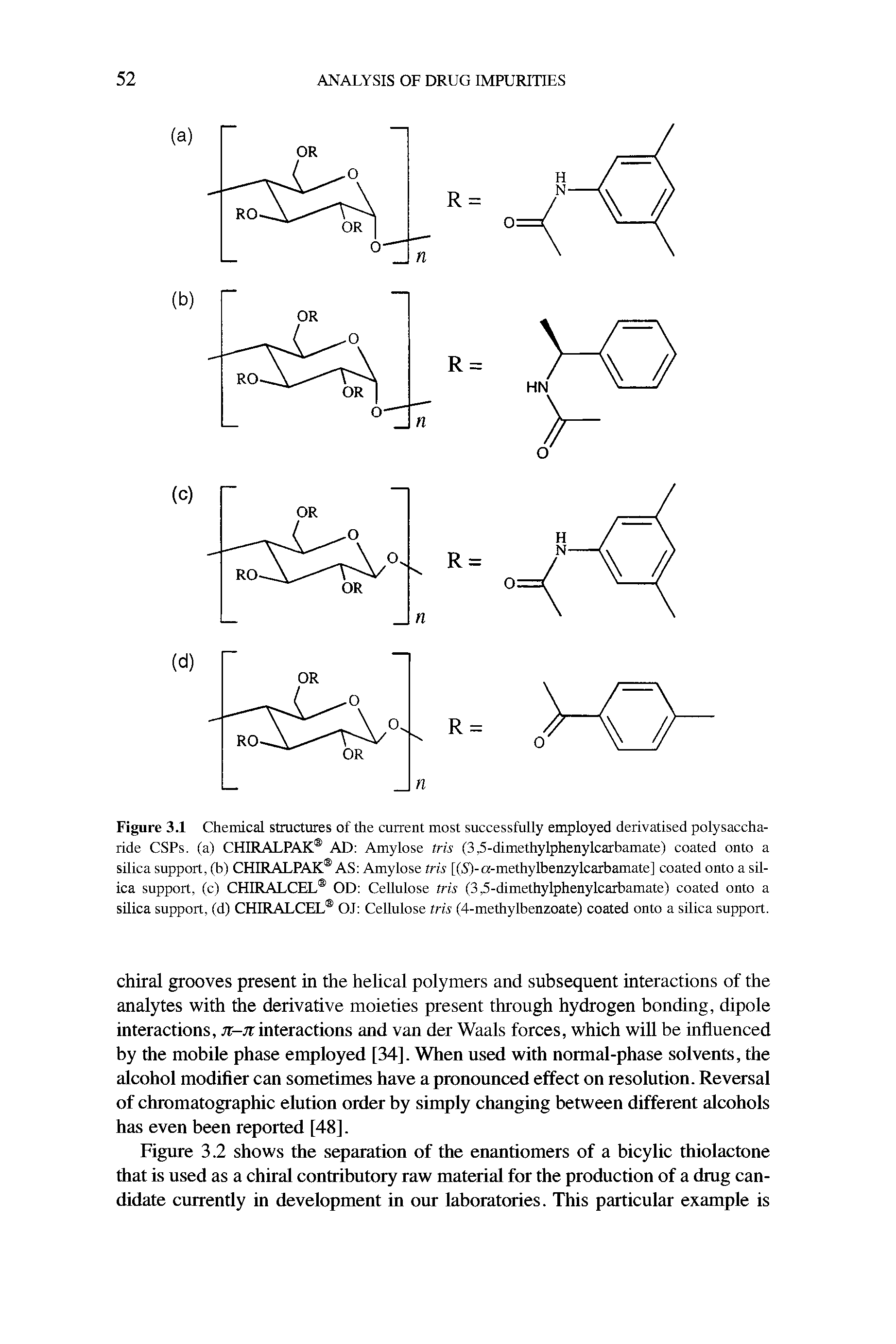 Figure 3.1 Chemical structures of the current most successfully employed derivatised polysaccharide CSPs. (a) CHIRALPAK AD Amylose tris (3,5-dimethylphenylcarbamate) coated onto a silica support, (b) CHIRALPAK AS Amylose tris [(S)-a-methylbenzylcarbamate] coated onto a silica support, (c) CHIRALCEL OD Cellulose tris (3,5-dimethylphenylcarbamate) coated onto a silica support, (d) CHIRALCEL OJ Cellulose tris (4-methylbenzoate) coated onto a silica support.