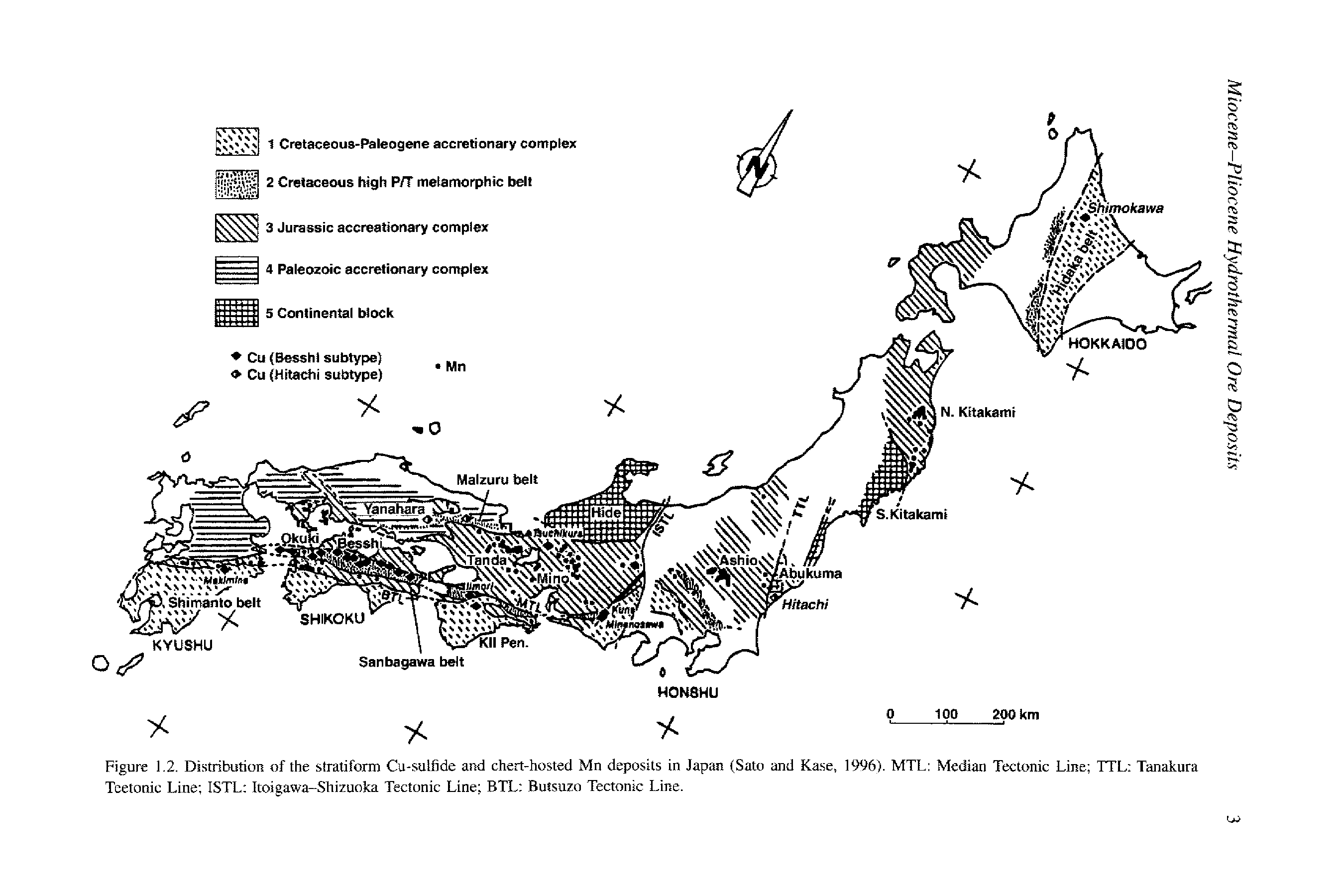 Figure 1.2. Distribution of the stratiform Cu-sulfide and chert-hosted Mn deposits in Japan (Sato and Ka.se, 1996). MTL Median Tectonic Line TTL Tanakura Tcetonic Line ISTL Itoigawa-Shizuoka Tectonic Line BTL Butsuzo Tectonic Line.