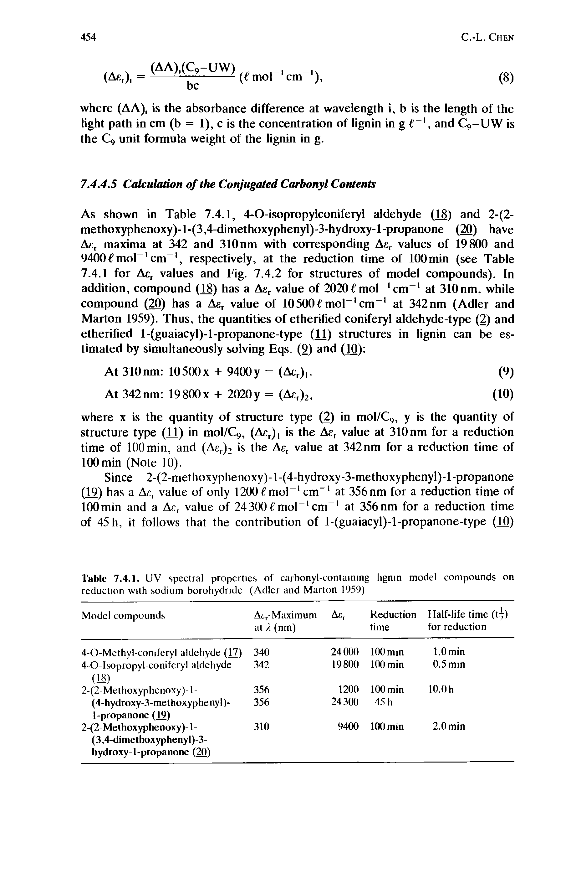 Table 7.4.1. UV spectral properties of carbonyl-containing lignin model compounds on reduction with sodium borohydridc (Adler and Marton 1959)...