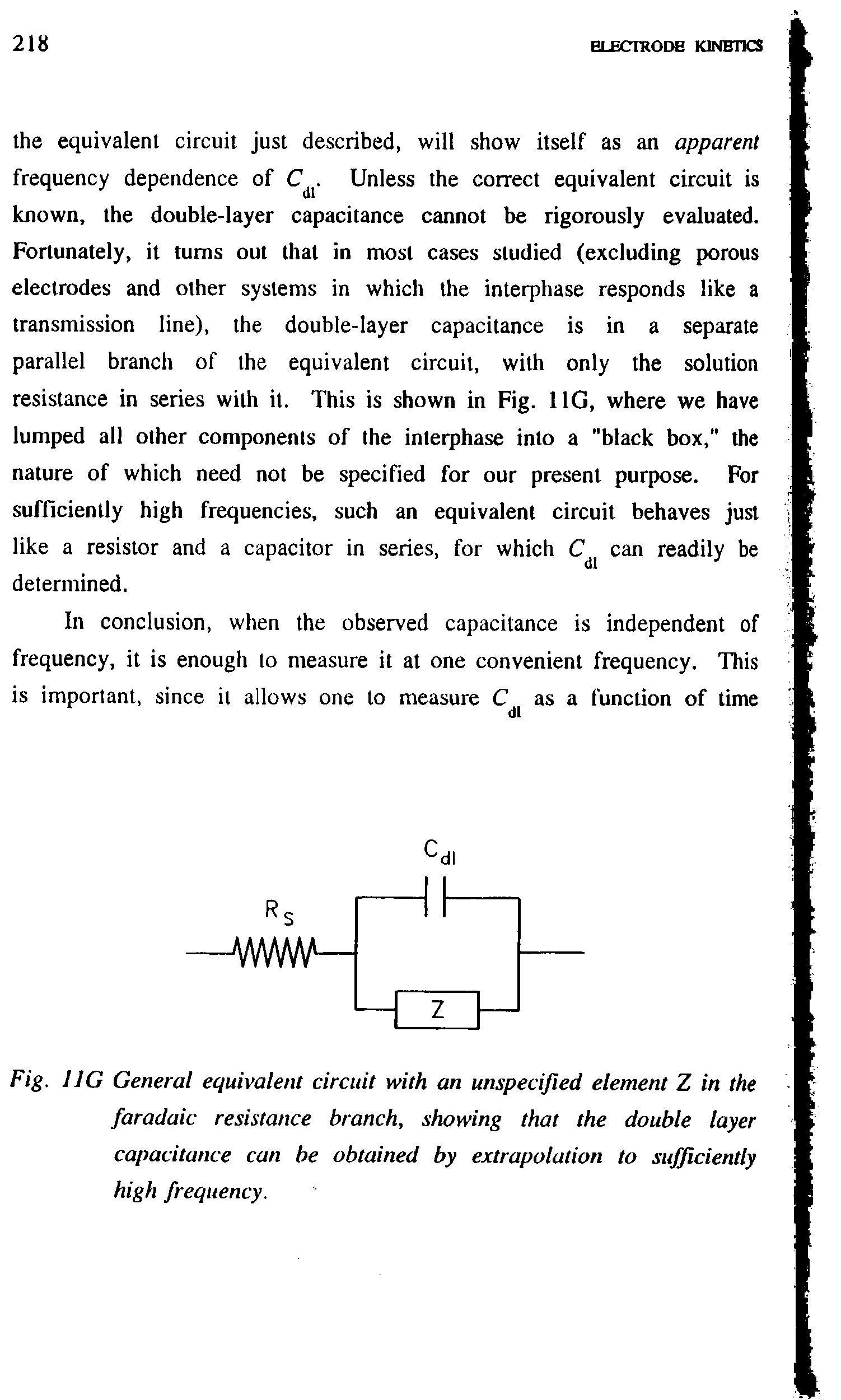 Fig. IIG General equivalent circuit with an unspecified element Z in the faradaic resistance branch, showing that the double layer capacitance can be obtained by extrapolation to sufficiently high frequency.