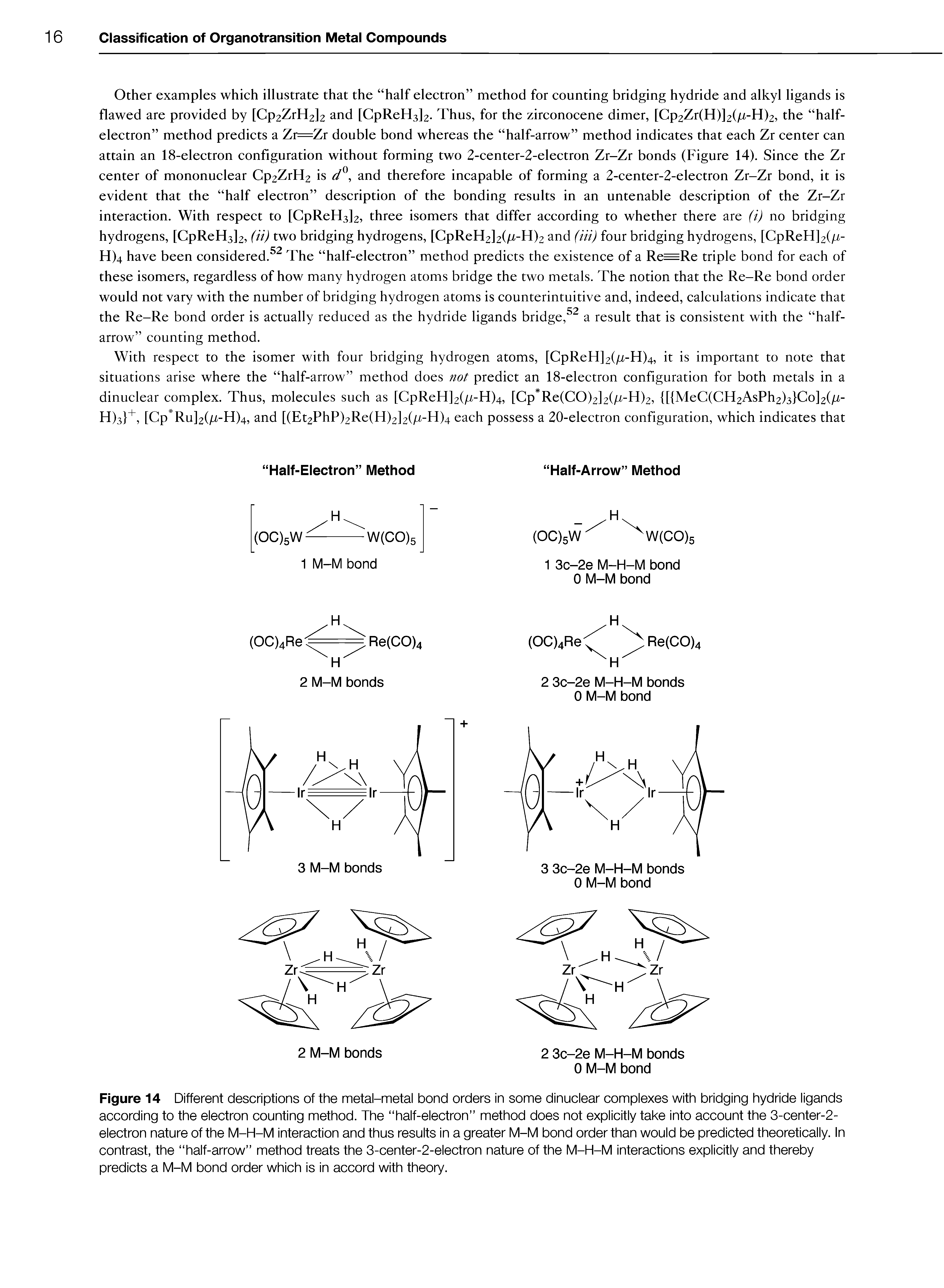 Figure 14 Different descriptions of the metal-metal bond orders in some dinuclear mmnlexes with bridging hydride ligands according to the eiectron counting method. The half-electron method does not o r ti take into account the 3-center-2-electron nature of the M-H-m interaction and thus resuits in a greater M-M predicted theoretically. In...