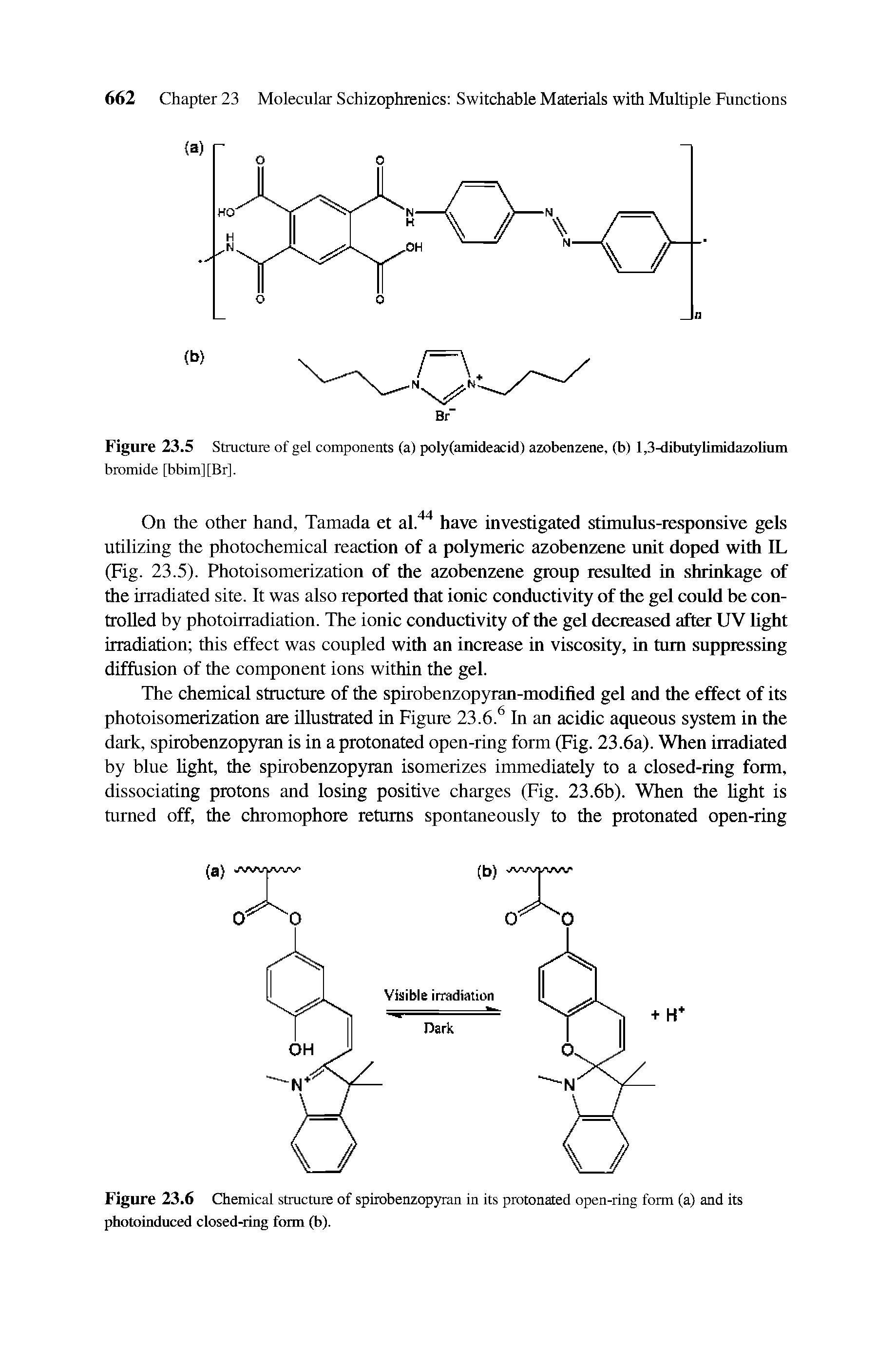 Figure 23.5 Structure of gel components (a) poly(amideacid) azobenzene, (b) 1,3-dibutylimidazolium...