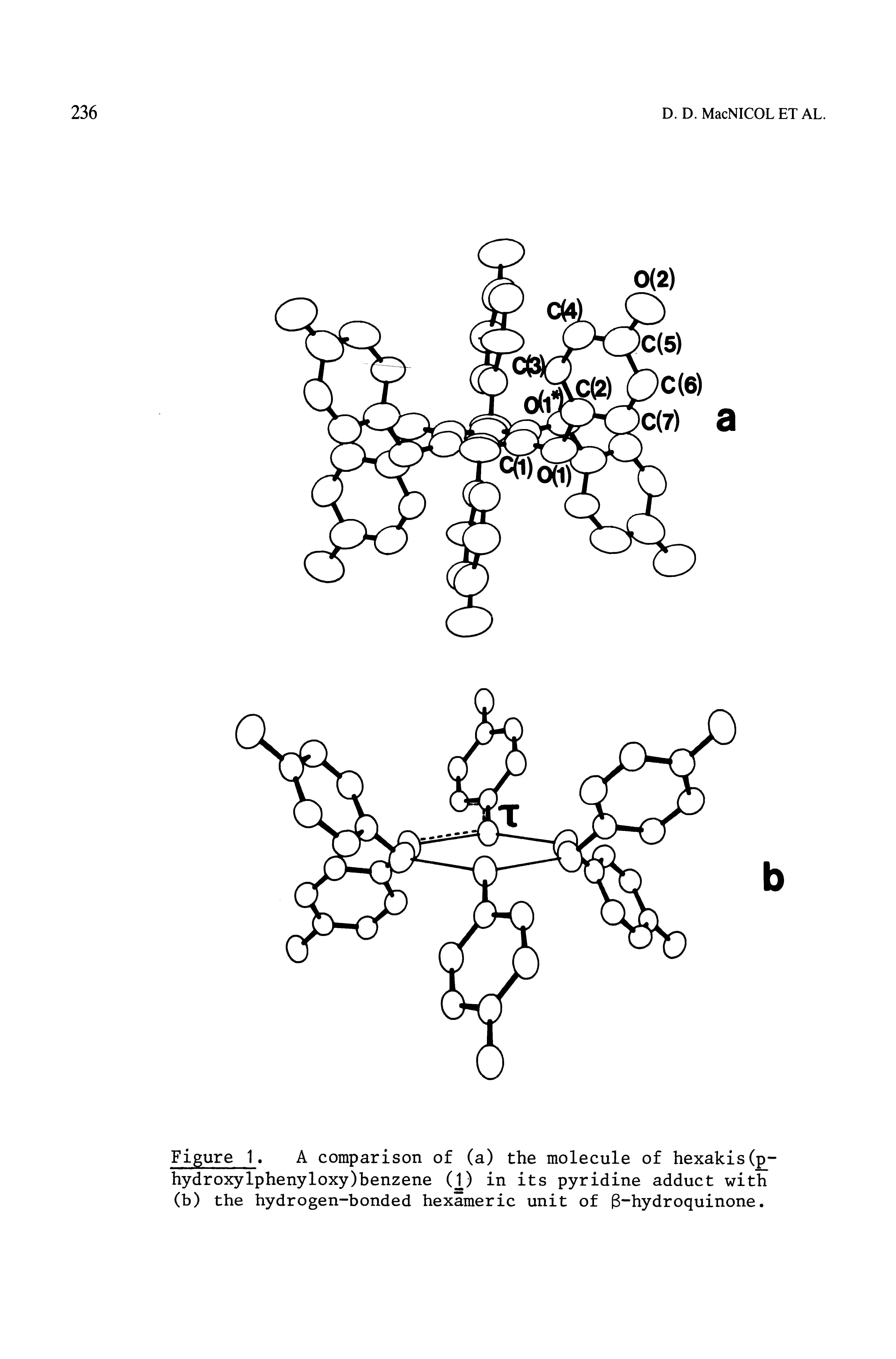 Figure 1. A comparison of (a) the molecule of hexakis( -hydroxylphenyloxy)benzene (2) in its pyridine adduct with (b) the hydrogen-bonded hexameric unit of g-hydroquinone.