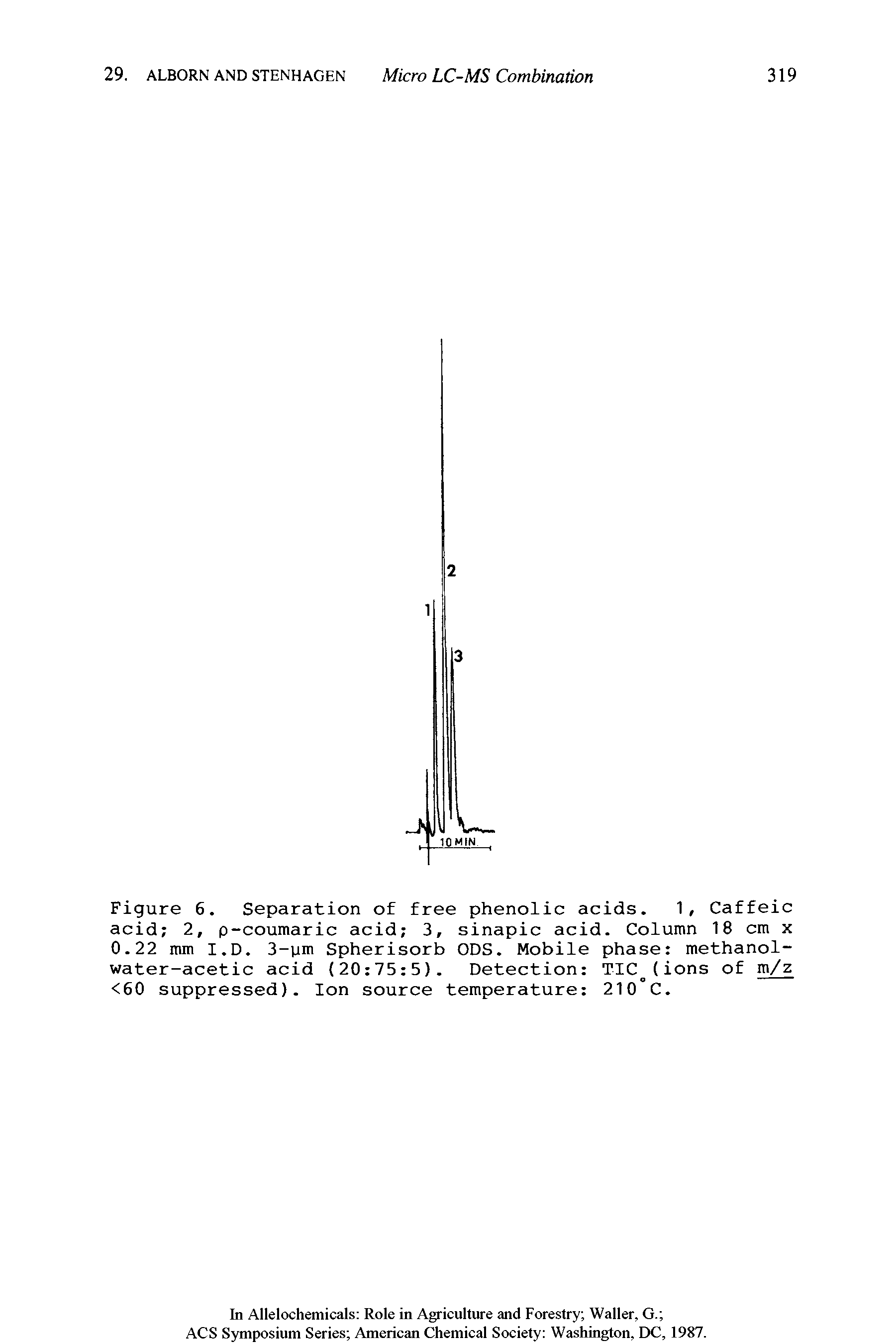 Figure 6. Separation of free phenolic acids. 1, Caffeic acid 2, p-coumaric acid 3, sinapic acid. Column 18 cm x 0.22 mm I.D. 3-um Spherisorb ODS. Mobile phase methanol-water-acetic acid (20 75 5). Detection TIC (ions of m/z <60 suppressed). Ion source temperature 210 C.