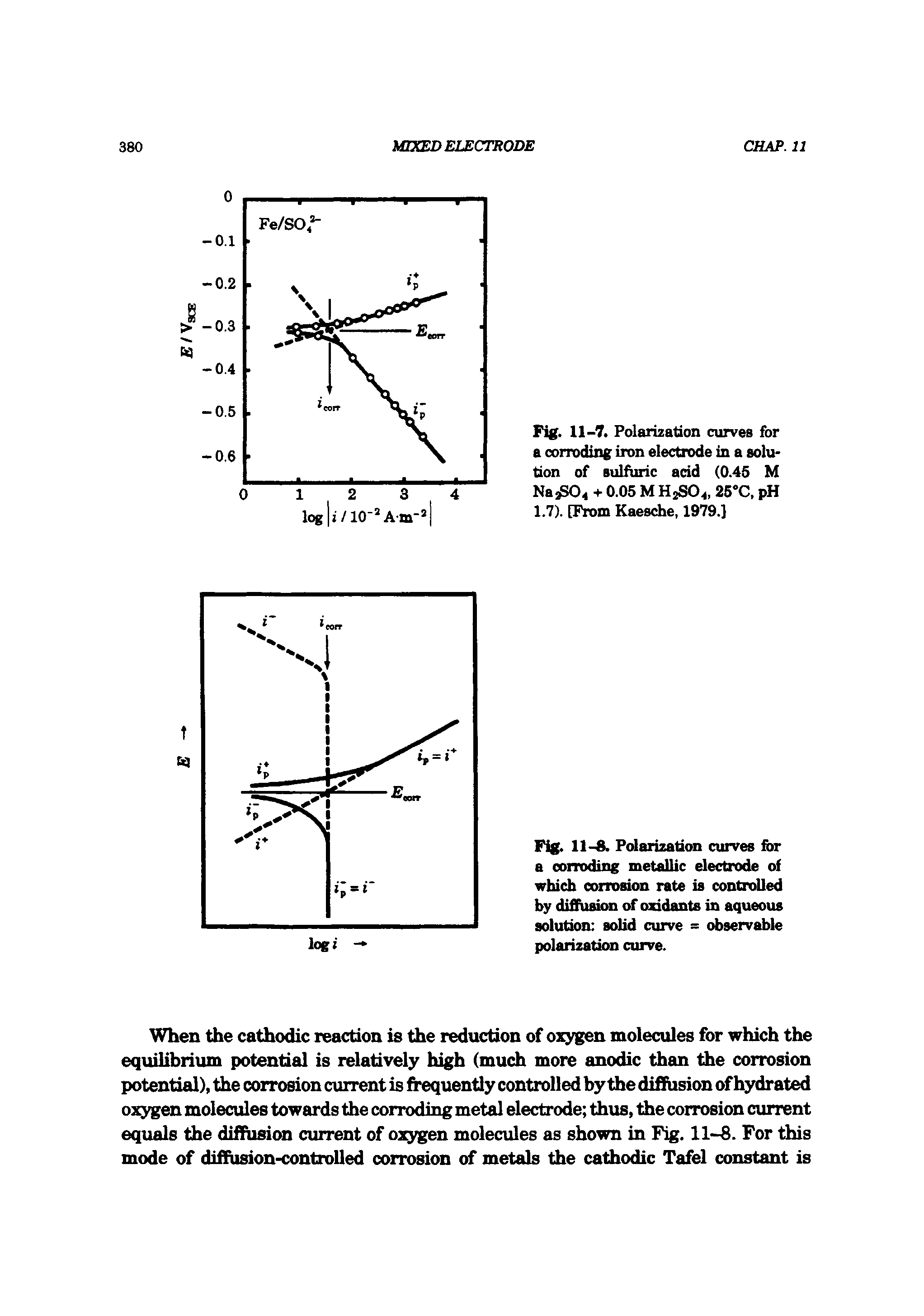 Fig. 11-7. Polarization curves for a corroding iron electrode in a solution of sulfuric acid (0.45 M NaiS04 + 0.05 M HjSO, 25 C, pH 1.7). [From Kaesche, 1979.]...