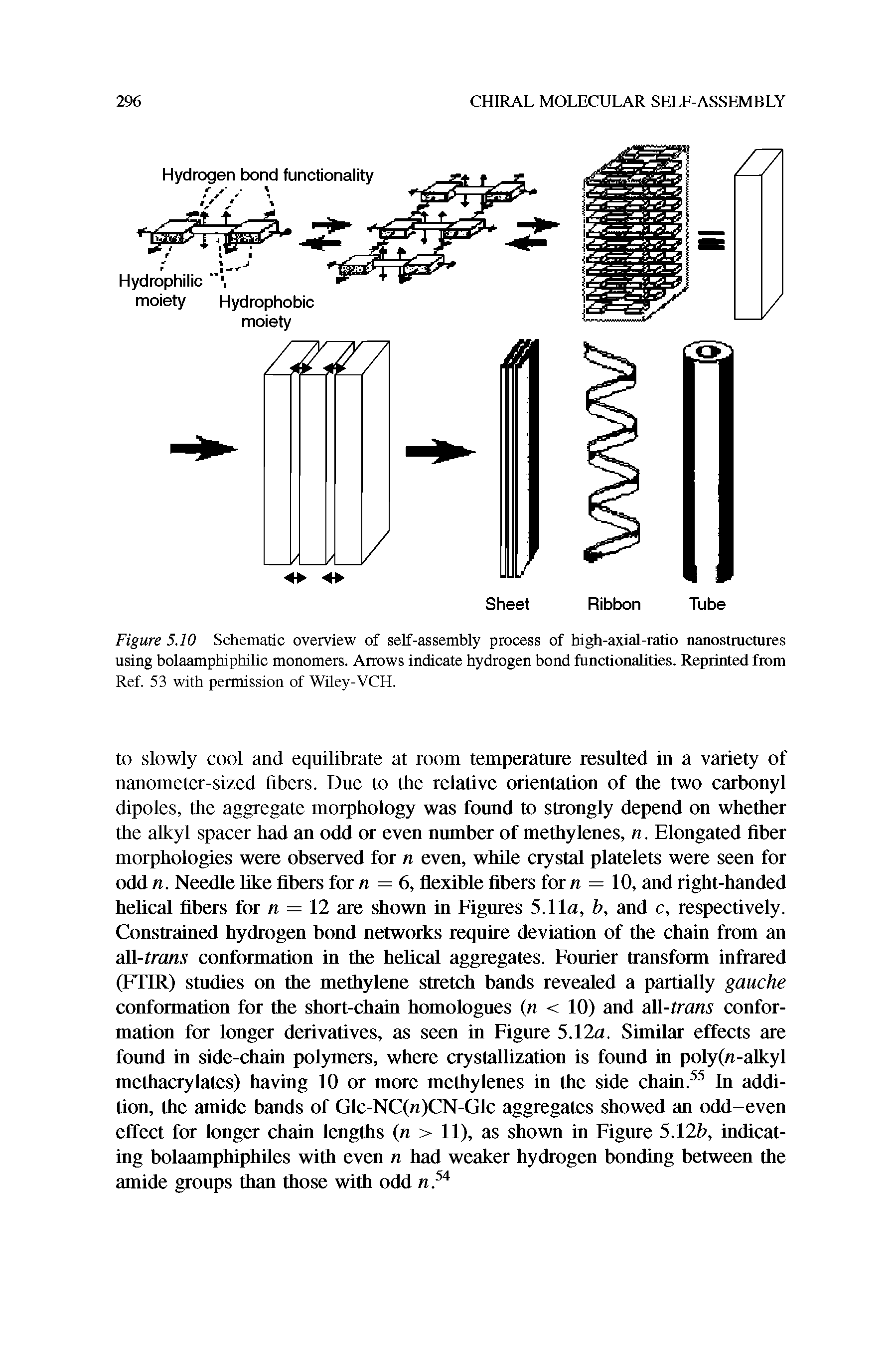 Figure 5.10 Schematic overview of self-assembly process of high-axial-ratio nanostructures using bolaamphiphilic monomers. Arrows indicate hydrogen bond functionalities. Reprinted from Ref. 53 with permission of Wiley-VCH.